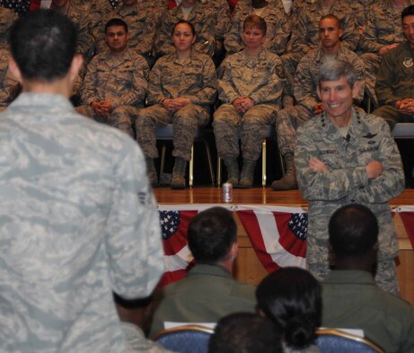 Gen. Norton Schwartz, Air Force chief of staff, listens as an Airman asks a question during his Airman's Call May 13 at Yokota Air Base, Japan. The general spoke about his priorities as the top ranking Airman and fielded questions ranging from changes to the Air Force fitness program to the service's efforts to go "green". (U.S. Air Force photo/Airman 1st Class Devin Doskey) 