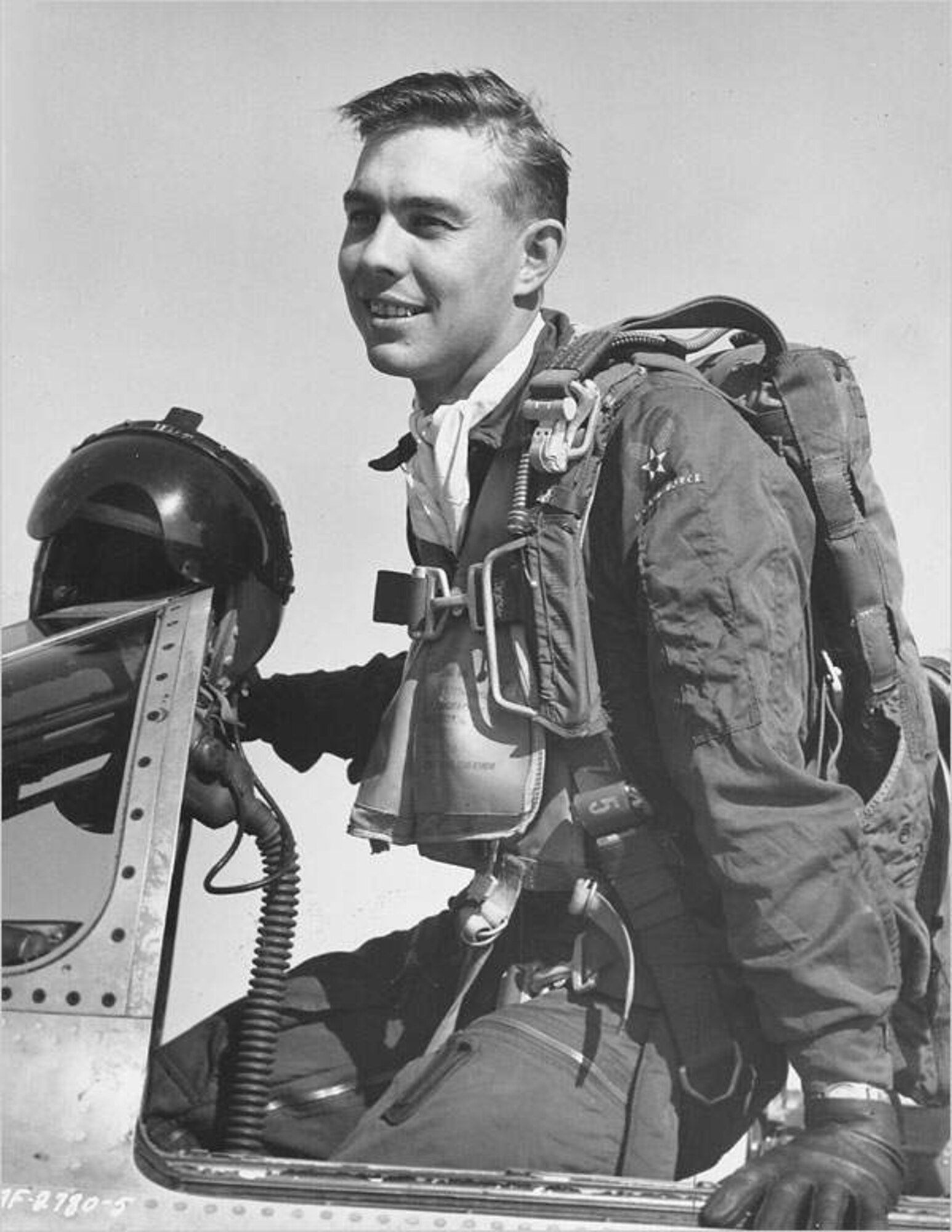 Capt. Harold E. Fischer Jr. returning from a Korean War combat air patrol in 1952.  (U.S. Air Force photo) 