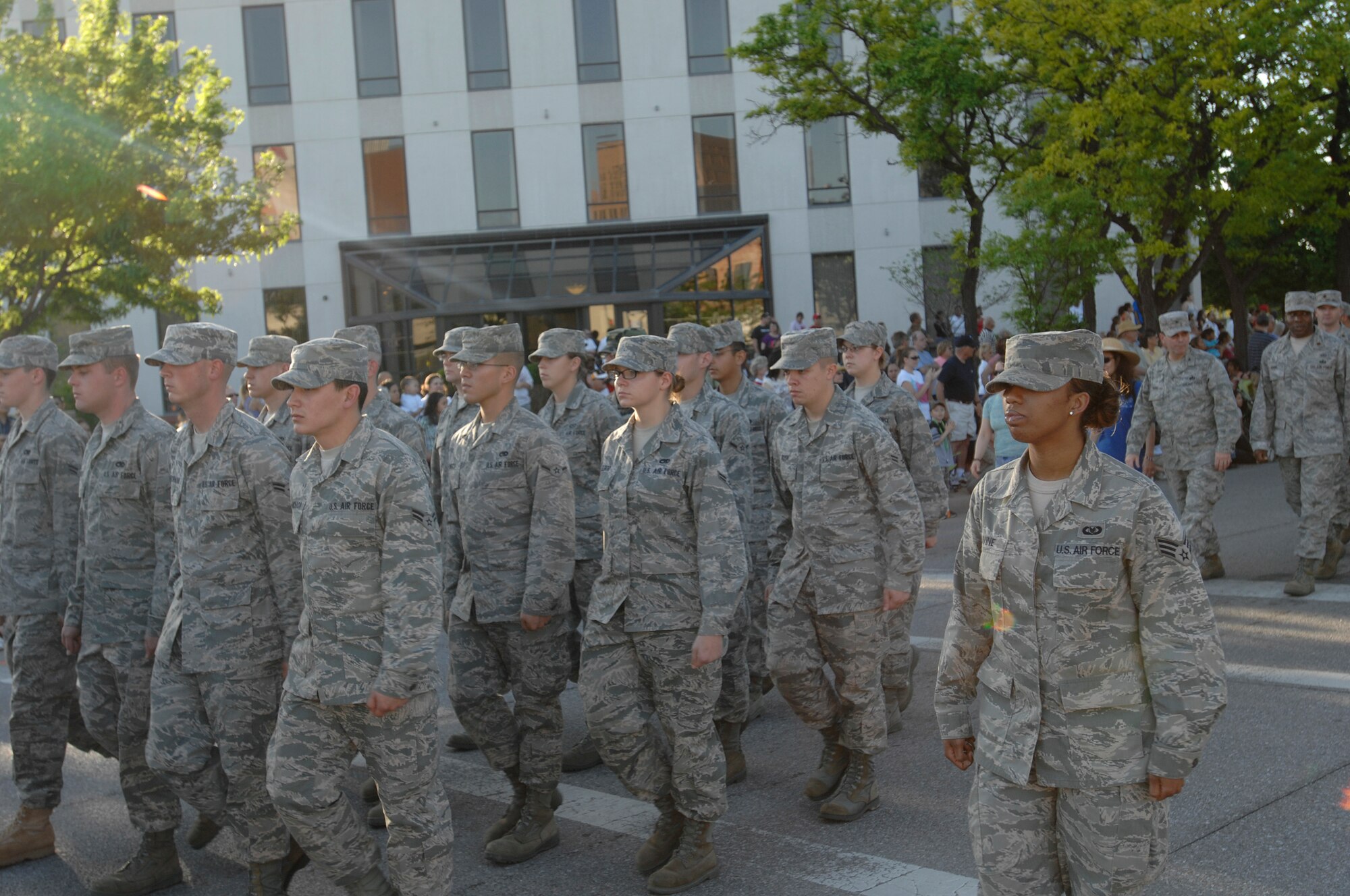 WICHITA, Kan. -- Senior Airman Anisah Lavine, 22nd Operations Support Squadron, marches a class of Airmen from the First Term Airmen’s Center during the Sundown Parade in downtown Wichita, May 8.  Under Airman Lavine’s cadence, the FTAC class marched in the traditional military column fashion in front of an estimated 40,000 onlookers.  (Photo by Staff Sgt. Ronald Lafosse)