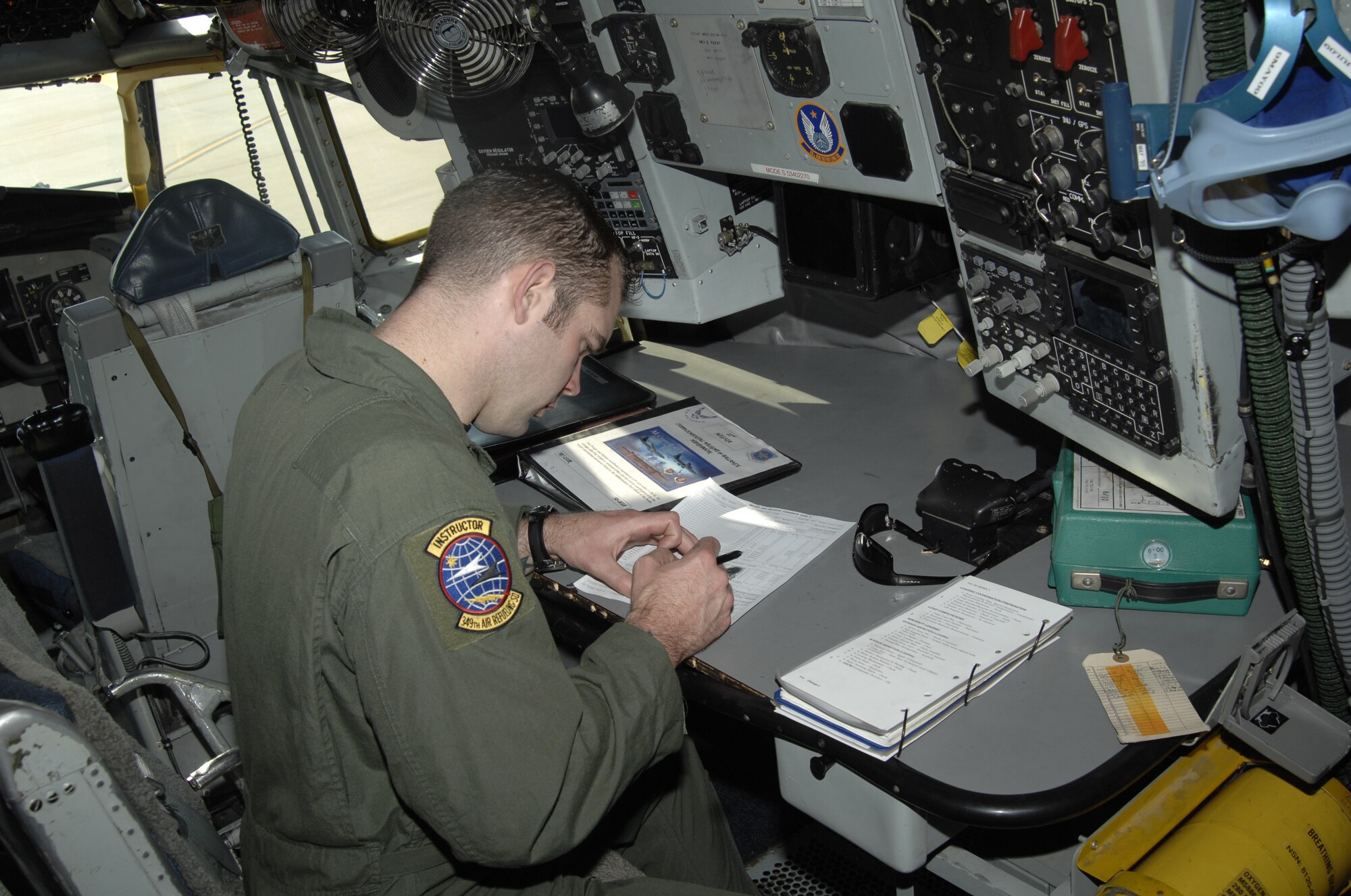 MCCONNELL AIR FORCE BASE, Kan. -- Staff Sgt. Gary Shamlian, 349th Air Refueling Squadron boom operator, reviews preflight checklists ensuring the KC-135 Stratotanker is secure and ready for flight operations.  Boom operators fill critical roles on the refuelers.  In addition to refueling aircraft they assist in loading cargo, briefing passengers, and ensure passenger safety among many other functions. (Photo by Staff Sgt. Ronald Lafosse)