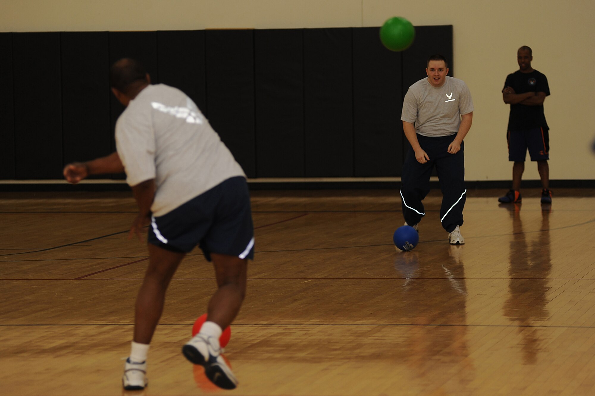 Senior Airman Matthew Keim, from the U.S. Air Force Expeditionary Center's Resources Directorate, keeps his eye on a dodgeball May 8 during the center's dodgeball tournament held at the McGuire Air Force Base, N.J., fitness center. The tournament was part of a fundraising effort for the Expeditionary Center's 15th anniversary committee.   (U.S. Air Force Photo/Staff Sgt. Nathan G. Bevier) 