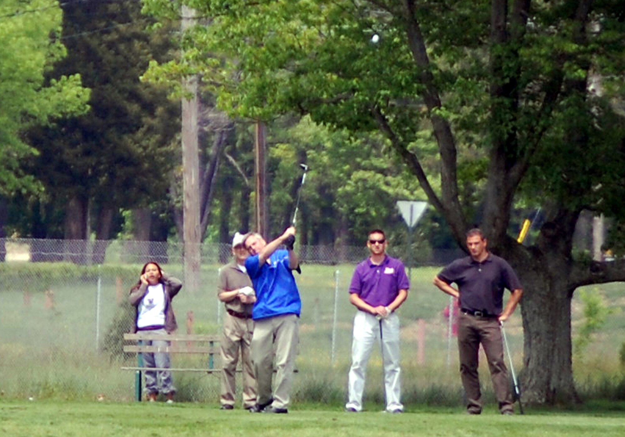 Maj. Gen. Kip Self, U.S. Air Force Expeditionary Center commander, tees off a shot on the 16th hole that landed on the green during the 2009 Nick Grand Memorial Golf Tournament on the Fort Dix, N.J., golf course on May 12.  The tournament is an annual fundraising tournament for the Expeditionary Center's Top Three organization.  (U.S. Air Force Photo/Tech. Sgt. Scott T. Sturkol)