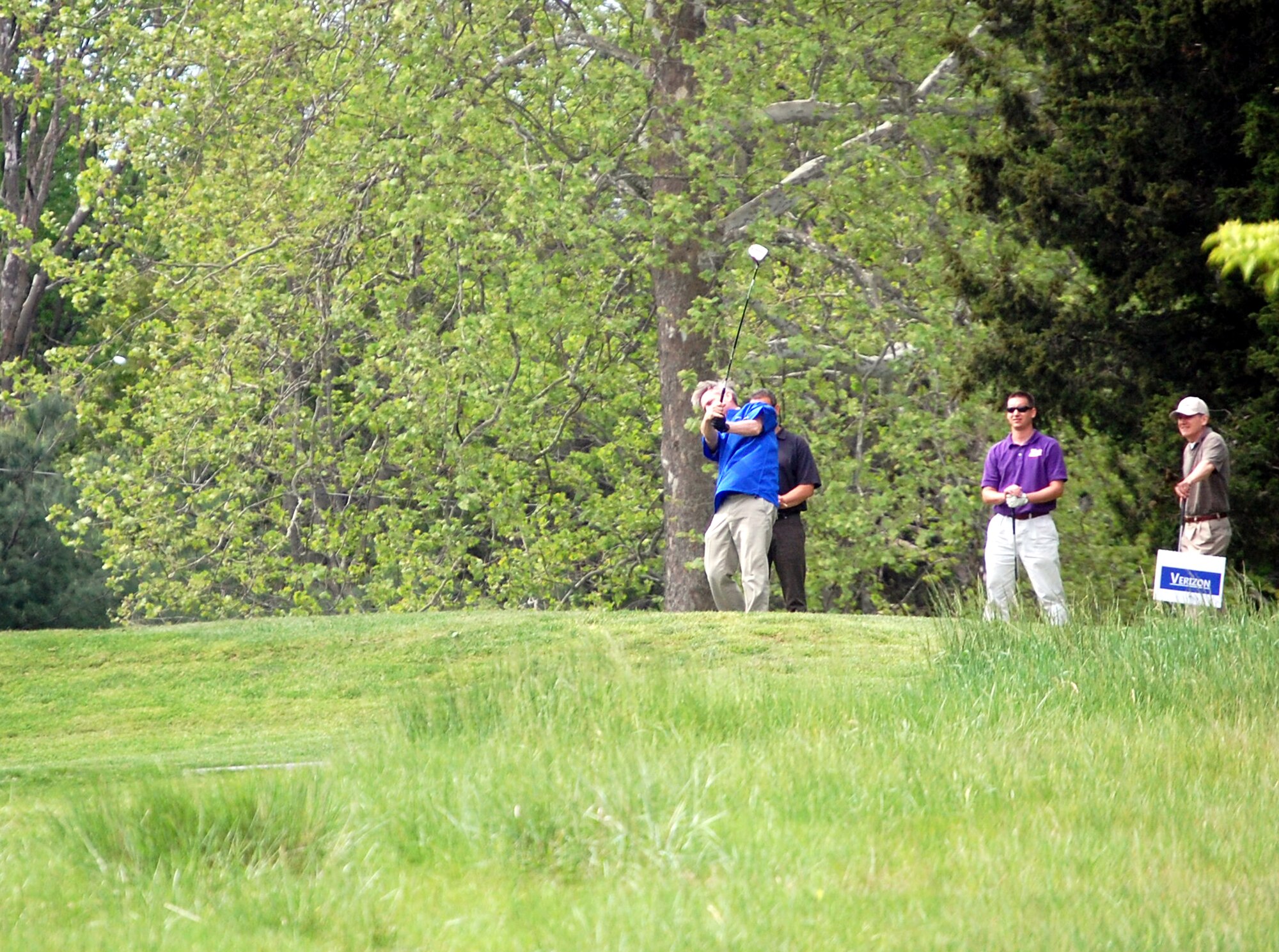 Maj. Gen. Kip Self, U.S. Air Force Expeditionary Center commander, hits a shot during the 2009 Nick Grand Memorial Golf Tournament on the Fort Dix, N.J., golf course on May 12.  The tournament is an annual fundraising tournament for the Expeditionary Center's Top Three organization.  (U.S. Air Force Photo/Tech. Sgt. Scott T. Sturkol)