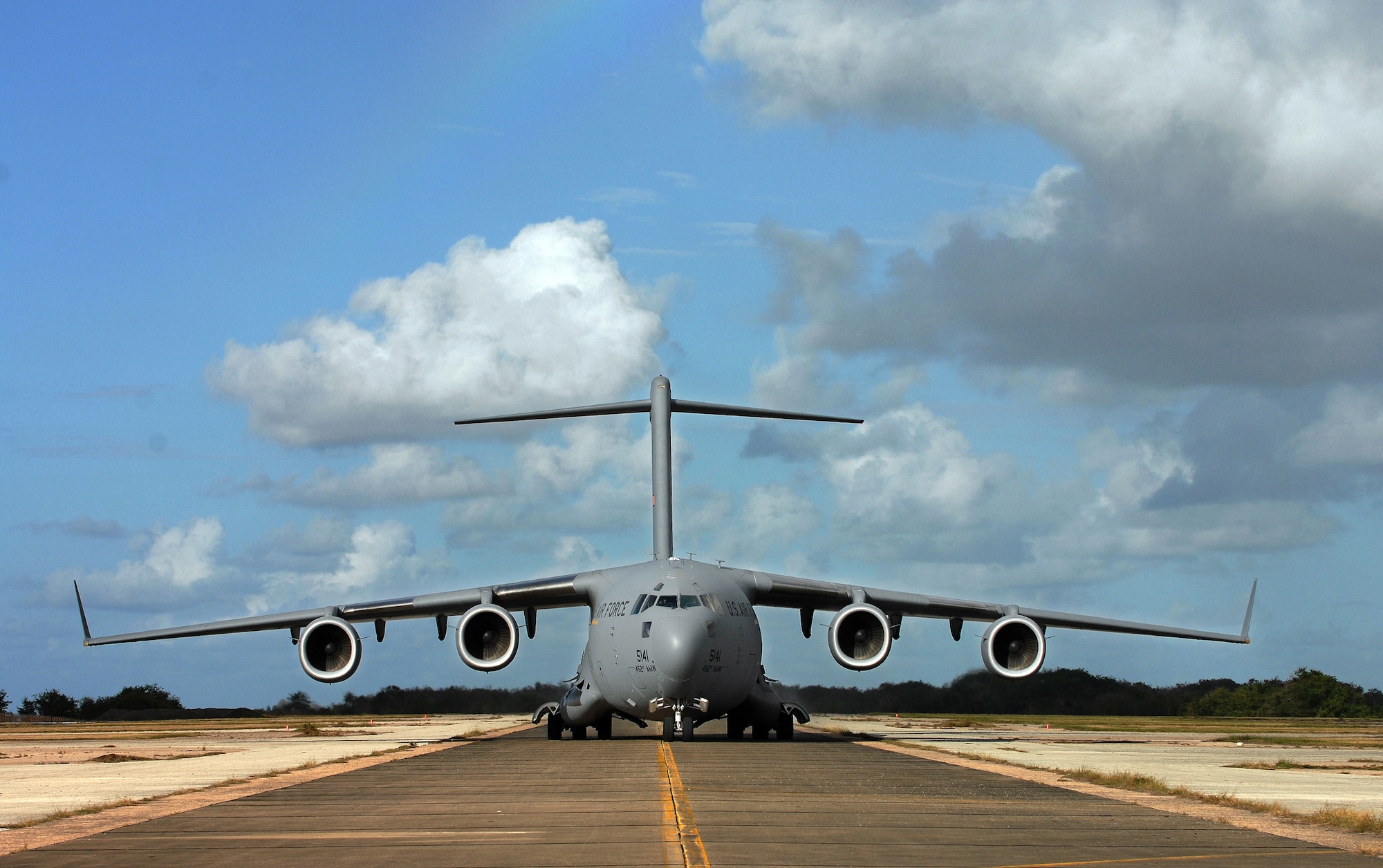 A C-17 Globemaster III from the 452nd Air Mobility Wing at March Air Reserve Base, Calif., taxis May 2, 2009, at Ramey Field, Puerto Rico, during Patriot Hoover 2009. The exercise is a large-scale air mobility exercise involving units with Air Force Reserve Command, Puerto Rico's Air National Guard, and units from the FBI.  . (U.S. Air Force photo/Master Sgt Rick Sforza)