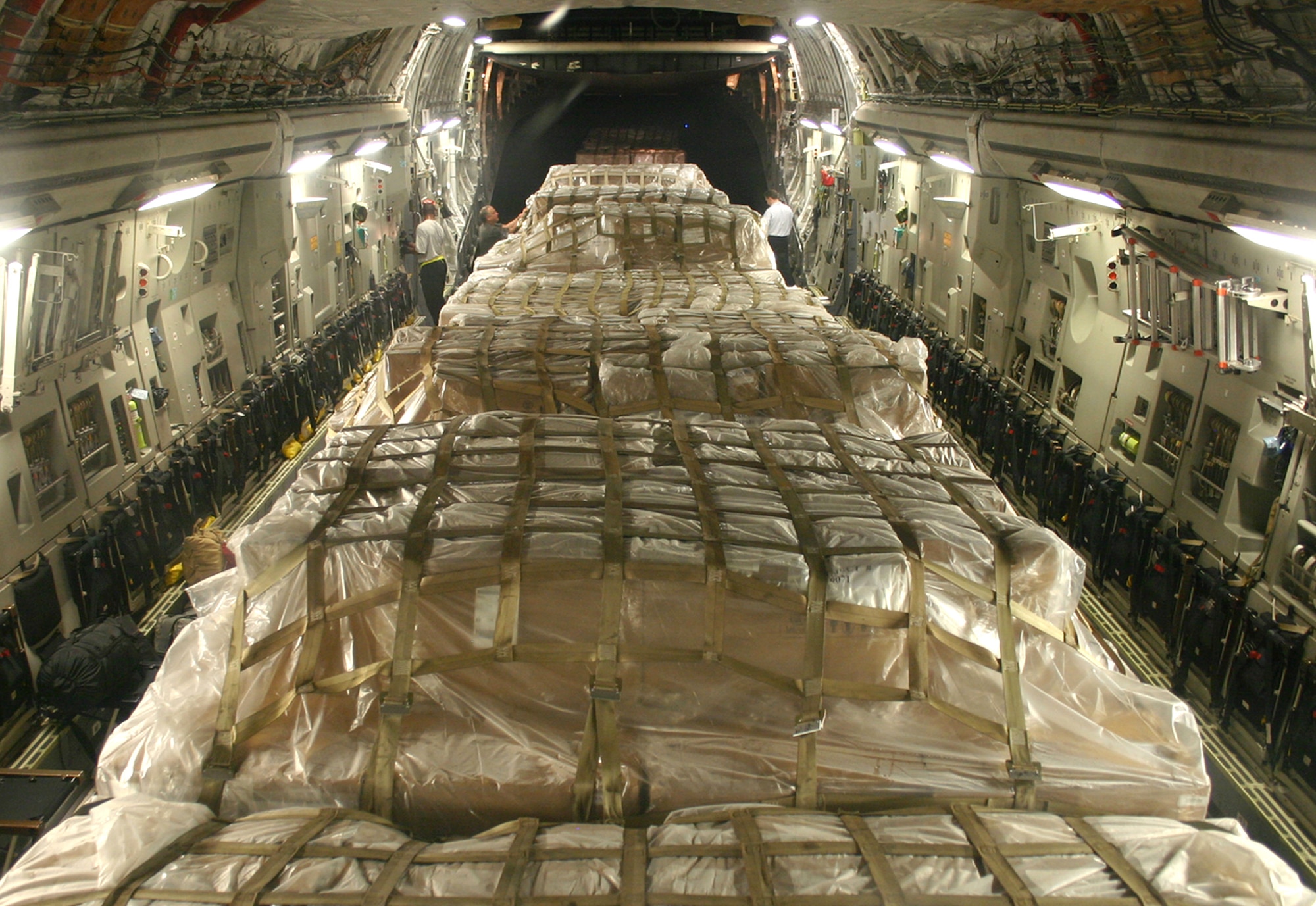 Pallets of personal protective kits sit ready for delivery aboard a C-17 Globemaster III from Charleston Air Force Base, S.C., May 8. The kits are part of a U.S. Agency for International Development shipment to Haiti, Guatemala, Honduras, El Salvador, Nicaragua and Belize to help these nations prepare for a potential outbreak of the H1N1 influenza virus. (U.S. Air Force photo/Raymond Sarracino) 