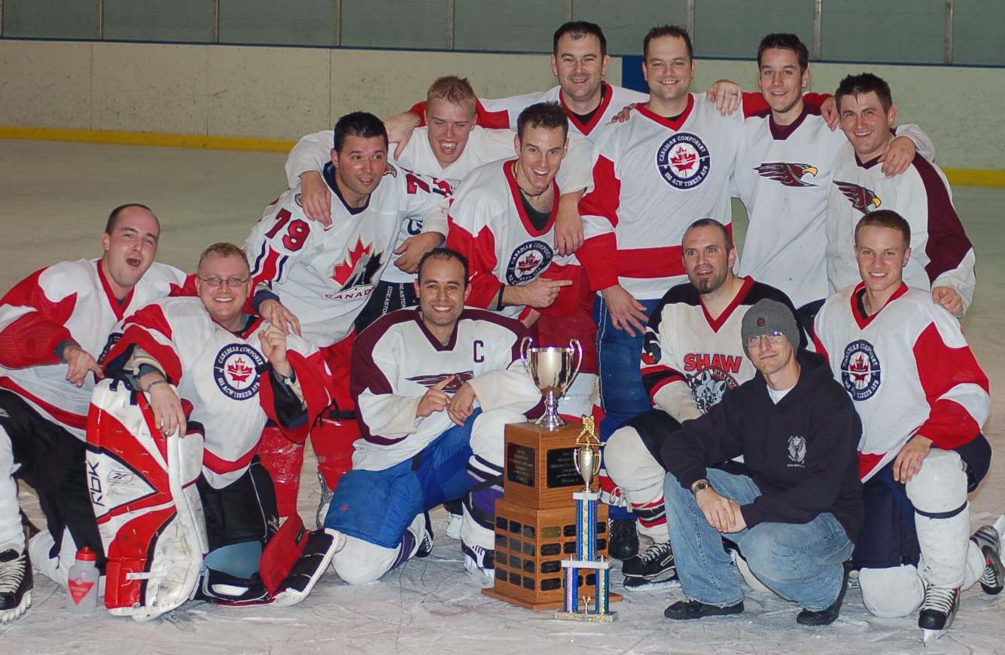 The 552nd Air Control Wing hockey team won the Division 2 championship May 6 at the Arctic Edge Arena in Edmond, Okla. The team was comprised of Canadian and American players from the 552 ACW.