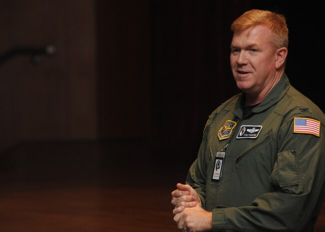 Col. Tom Freese speaks to Team Charleston members at the base theater May 11. The Air Mobility Command Inspector General's team visited Charleston to ensure that the base is mission ready and promised a tough but fair inspection. Colonel Freese is the chief of the inspections division for the office of the inspector general. (U.S. Air Force Photo/Senior Airman Katie Gieratz)