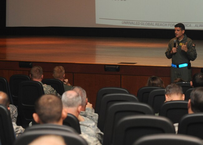 Col. Joseph Mancy speaks to Air Mobility Command's unit compliance inspection team at the Charleston AFB theater May 11. The UCI team is inspecting the base from May 11 - May 19. Colonel Mancy is the acting 437th Airlift Wing vice-commander. (U.S. Air Force Photo/Senior Airman Katie Gieratz)