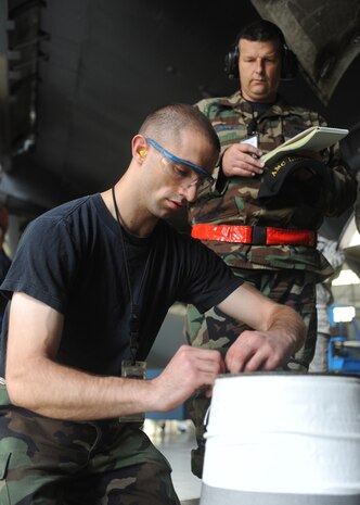 Technical Sgt. Chip Cluley inspects Airman 1st Class David Strickler as he changes a C-17 water separator at the home station check hangar on Charleston AFB May 12. The inspection program is to ensure that our units have the ability to operate in accordance with the governing laws and regulations. Sergeant Cluley is a logistics standardization evaluation program inspector and Airman Strickler is an electrical and environmental systems specialist. (U.S. Air Force photo/Senior Airman Katie Gieratz)