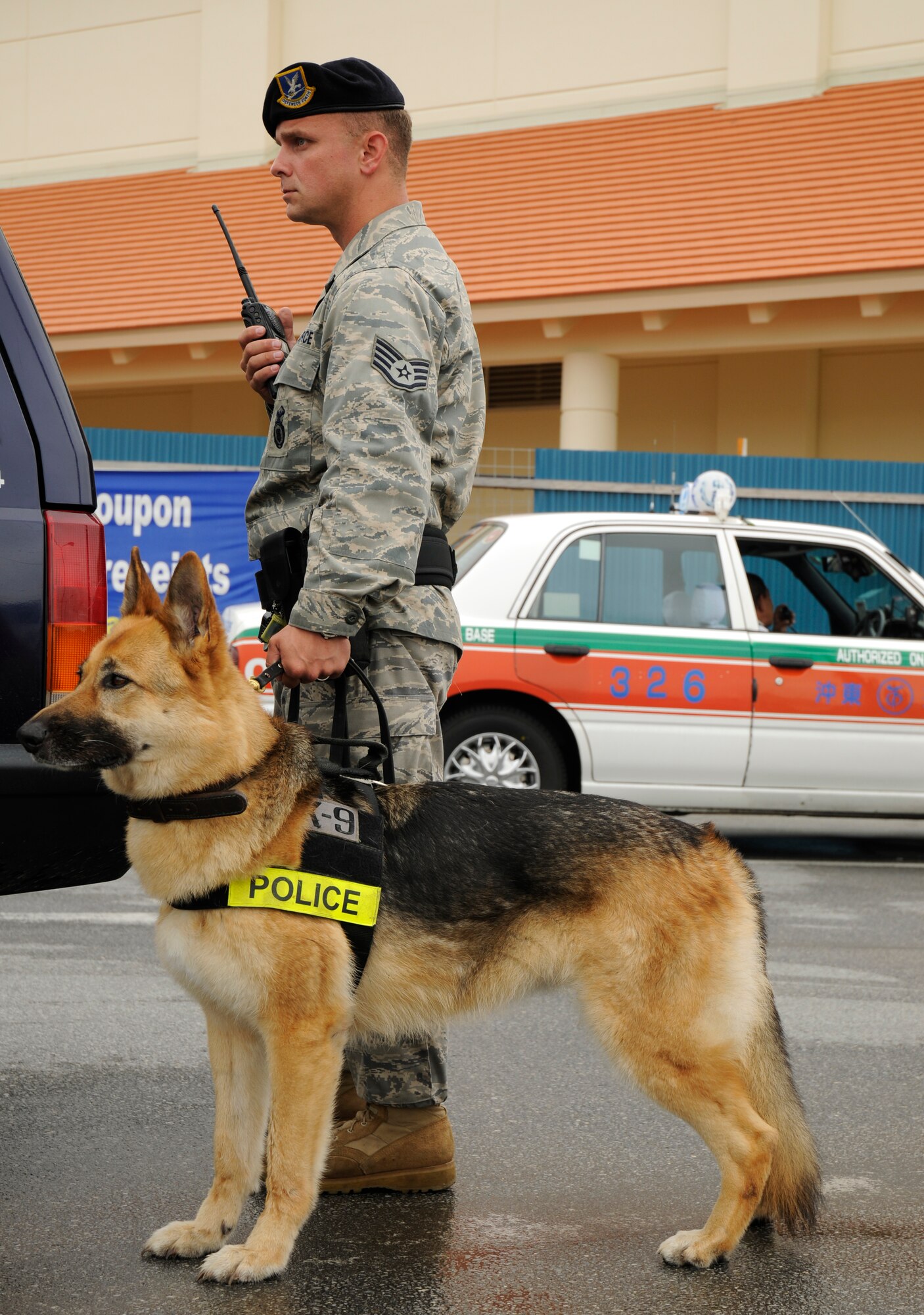 Zena, an 18th Security Forces military working dog stands by her handler, Staff Sgt. Joseph Branch, before approaching a suspected bank robber during Beverly High 09-2 Local Operational Readiness Exercise May 12. The LORE tests base personnel on their readiness for real world emergency/ combat events. (U.S. Air Force photo/Airman 1st Class Chad Warren)