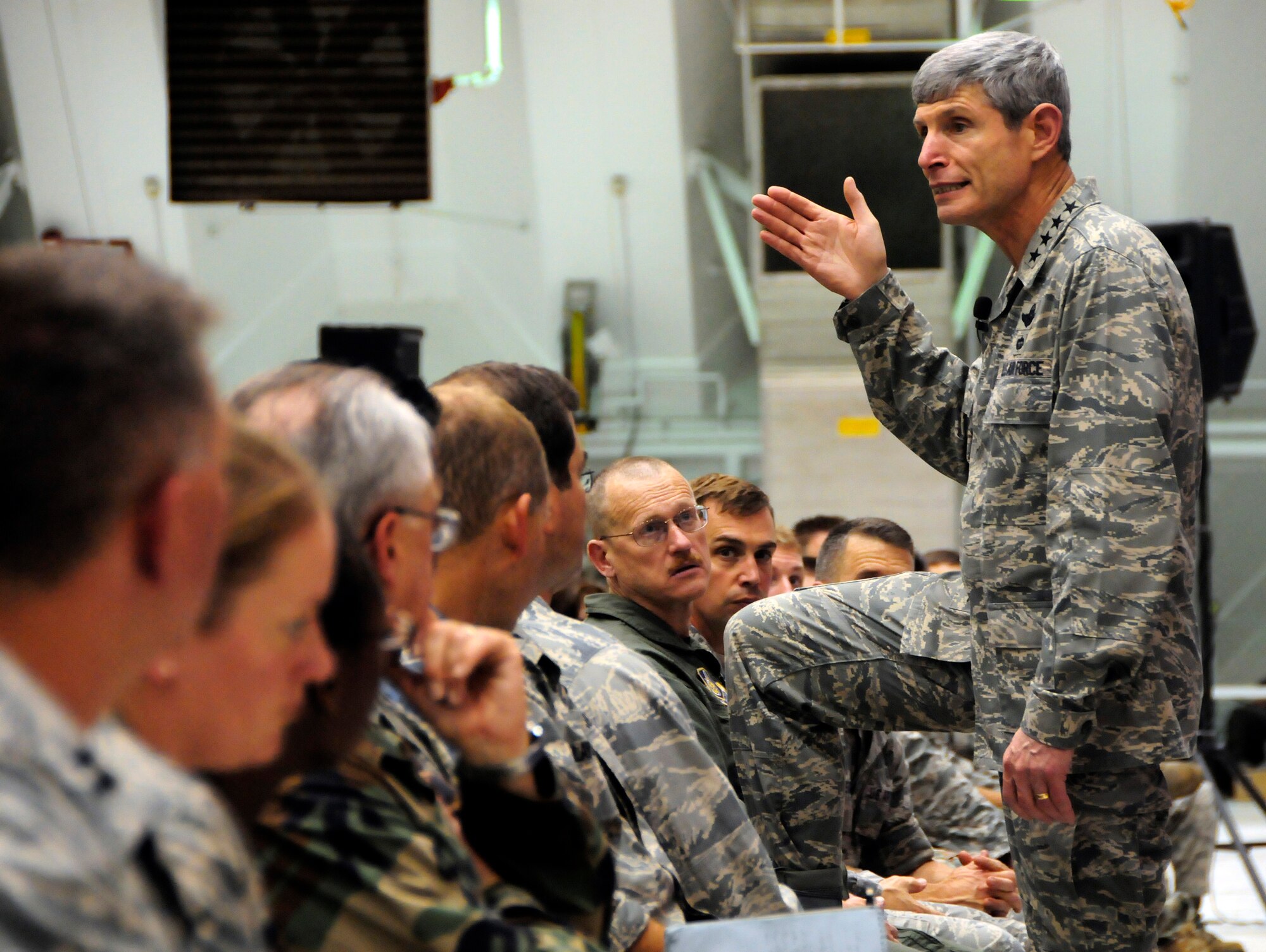 ANDERSEN AIR FORCE BASE, Guam - Gen. Norton A. Schwartz, chief of staff of the Air Force, spoke to Andersen Airmen building their morale by explaining the challenges the Air Force faces and a road map for meeting those challenges during his visit May 9. The general is touring around Pacific Air Bases to speak with Airmen on Air Force matters. (U.S. Air Force photo by Airman 1st Class Courtney Witt)