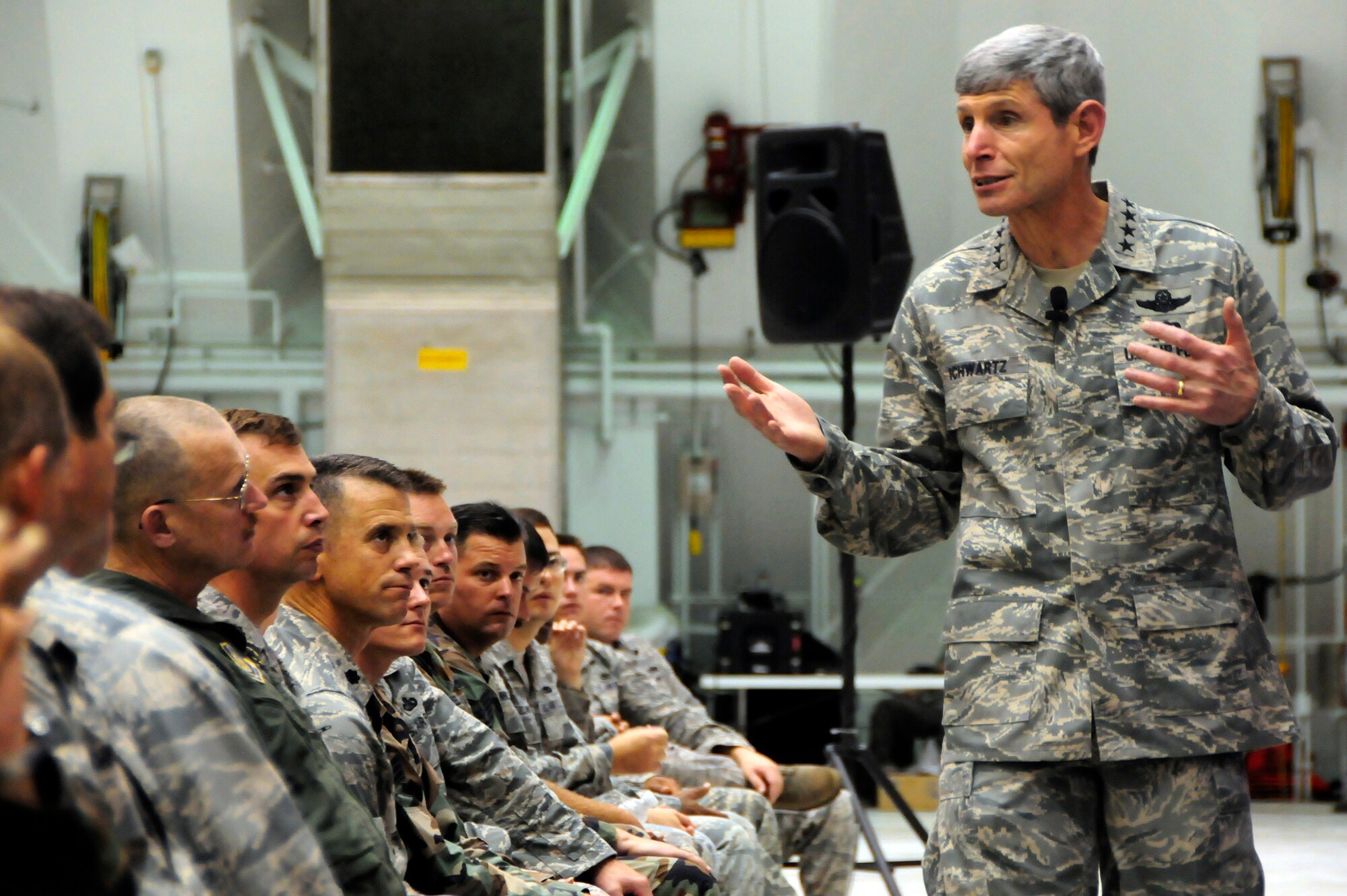 ANDERSEN AIR FORCE BASE, Guam - Air Force Chief of Staff Gen. Norton Schwartz speaks to members of Team Andersen at an Airman's call at Andersen AFB, May 9.  General Schwartz used the event to answer questions regarding challenges the Air Force faces and thank the Airmen, Guardsmen and Reservists for their continued service.  The visit marked General Schwartz's first trip to Andersen AFB since his appointment as the Air Force chief of staff.  (U.S. Air Force photo by Airman 1st Class Courtney Witt)

