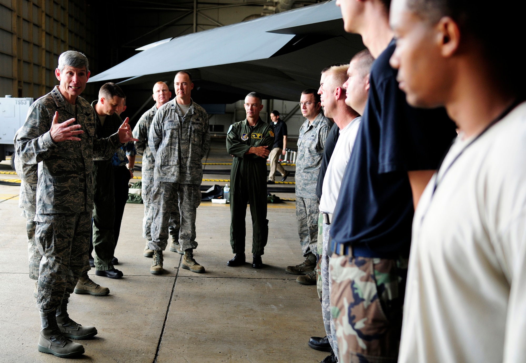 ANDERSEN AIR FORCE BASE, Guam - Gen. Norton A. Schwartz, chief of staff of the Air Force, thanks the Airmen of the 36th Expeditionary Aircraft Maintenance Squadron for their Air Force service during his visit May 9. During his visit to Andersen AFB, General Schwartz conducted an Airmen?s call and used the event to answer questions regarding the future of the Air Force and thank the Airmen, Guardsmen and Reservists for their continued service.  (U.S. Air Force photo by Airman 1st Class Courtney Witt)
