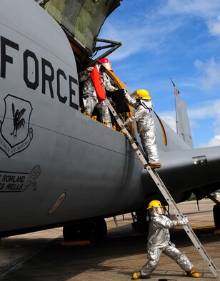 Firefighters from the 18th Civil Engineer Squadron execute proper rescue techniques during a simulated aircraft/vehicle collision during Beverly High 09-2 Local Operational Readiness Exercise May 12 at Kadena Air Base, Japan. The LORE tests base personnel on their combat readiness for real world emergency/combat events. (U.S. Air Force photo/Airman 1st Class Amanda Grabiec) 