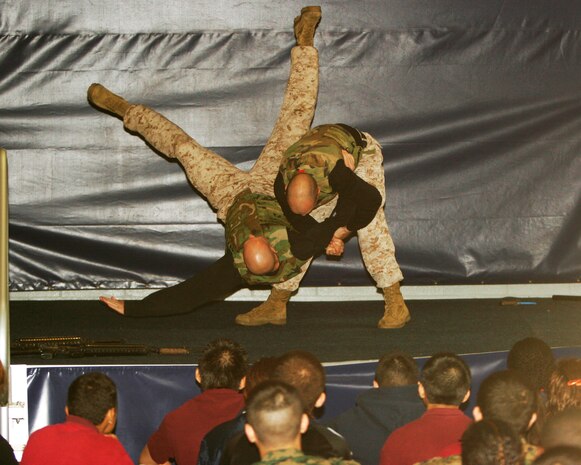 -Members of the Marine Corps’ Martial Arts Center of Excellence demonstrate maneuvers to a crowd of 800 cadets of the Junior Reserve Officers’ Training Corps at Soldier Field today. The demonstration was one of several throughout the city as part of the i