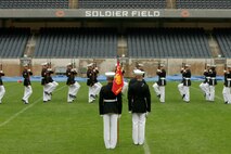 – Soldier Field played host to the Marine Corps Silent Drill Platoon today as they performed to an audience of Chicagoans, including civilians, military personnel and cadets from the Junior Reserve Officers’ Training Corps program.