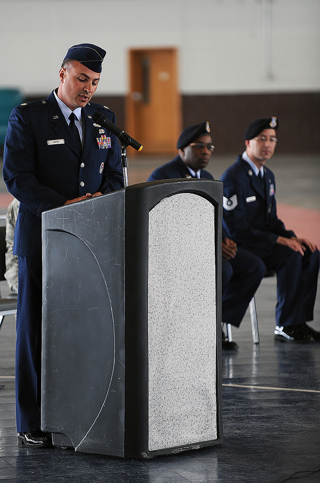 Lt. Col. Michael Jason, 28th Bomb Wing director of staff, speaks during a National Police Week retreat here, May 13. National Police Week has honored fallen local, state and federal officers for 46 years. (U.S. Air Force photo/Airman 1st Class Joshua J. Seybert)