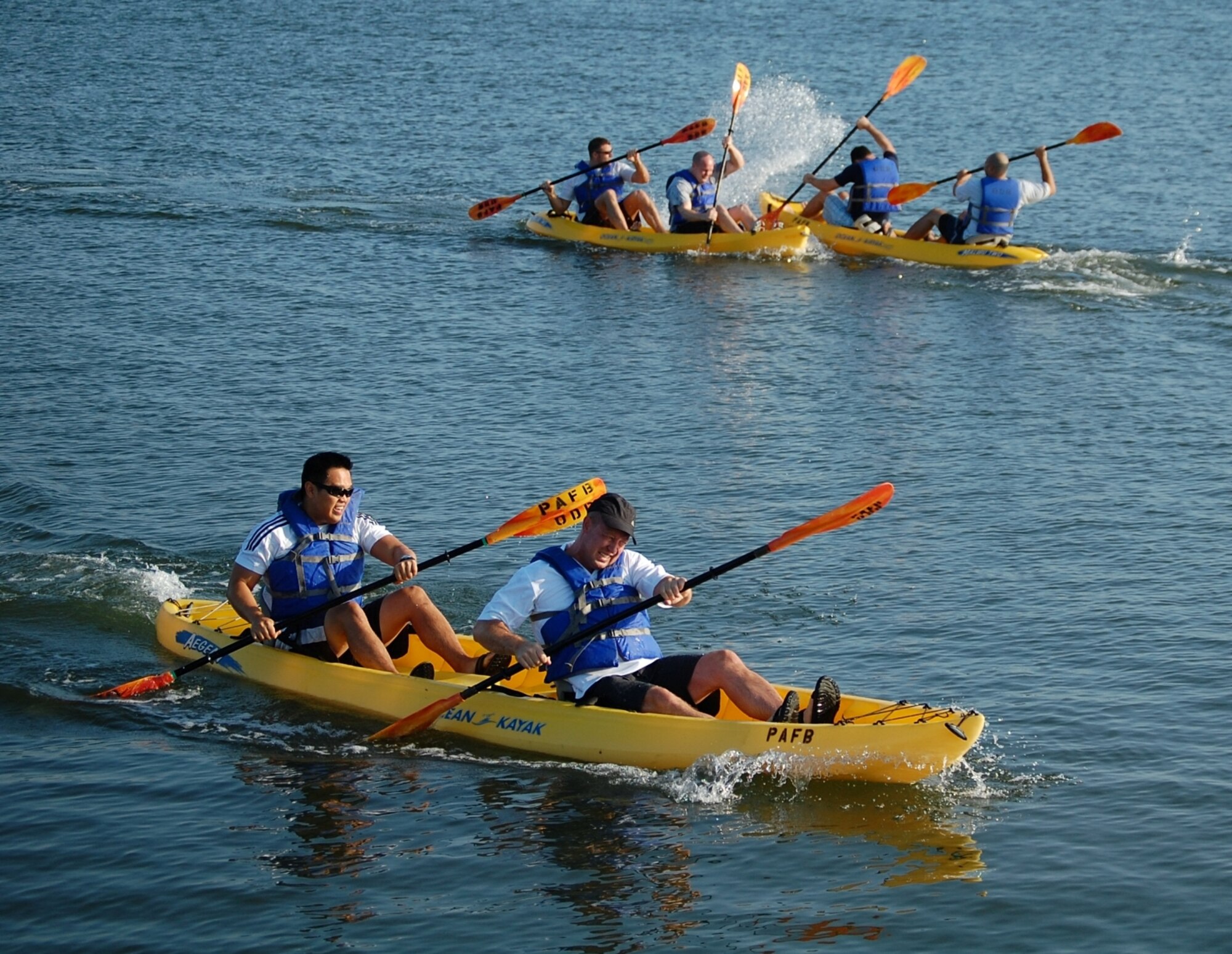 Participants had to paddle canoes 1000 yards in the Peddle, Paddle and Pant Challenge held May 8 on Patrick AFB. Teams also had to Teams peddle bicycles for five miles and run 1.5 miles. The 1st Range Operations Squadron took first place with a finish time of 29 minutes and 32 seconds. (U.S. Air Force photo/Chris Kraus)