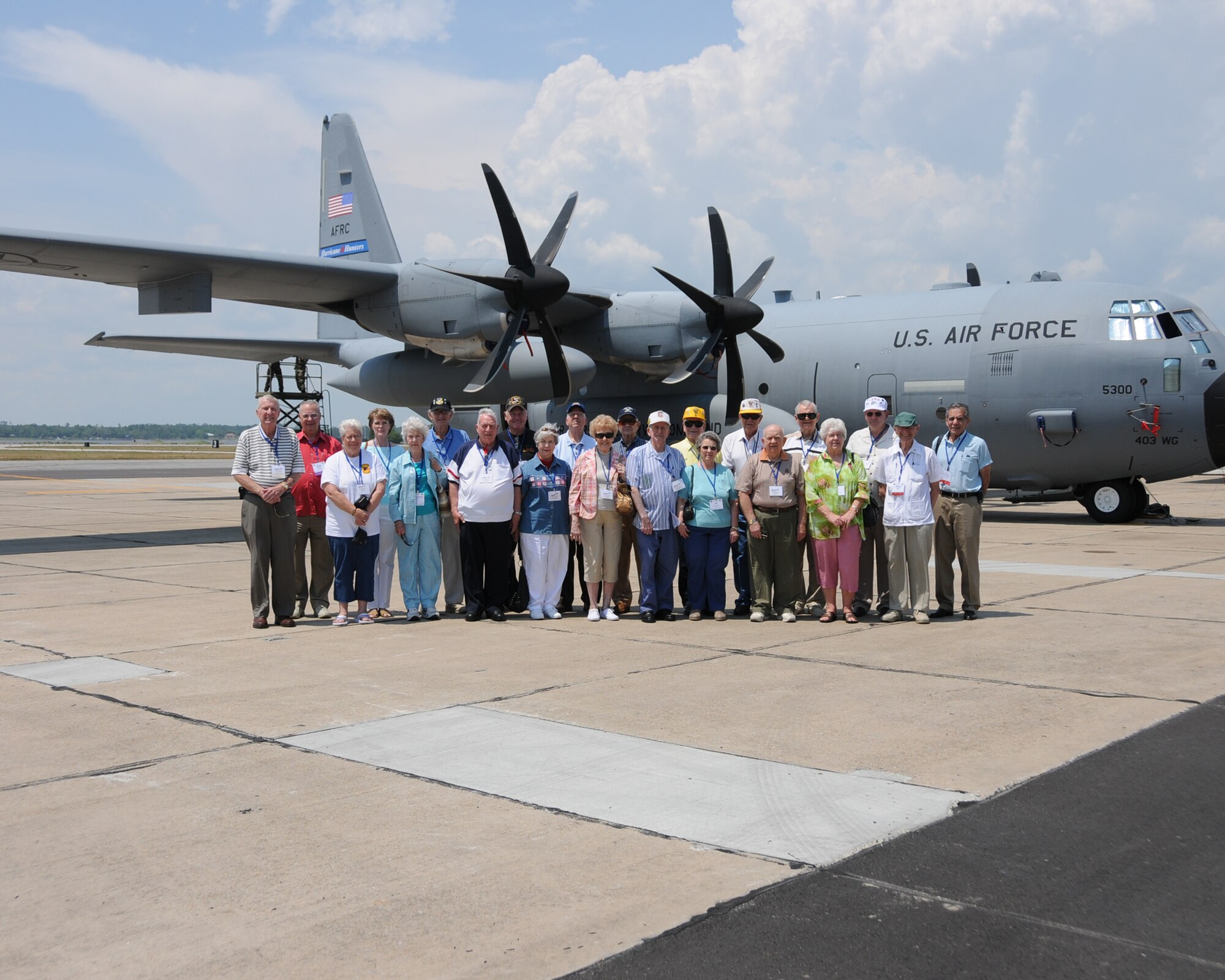 Twenty-two retired Air Force fighter pilots visited Keesler May 11.  The retirees
toured the 403rd Wing Hurricane  Hunters WC-130J aircraft as well
as the Air Force's training center for air traffic controllers in the 334th
Training Squadron.  (U.S. Air Force photo by Kemberly Groue)
