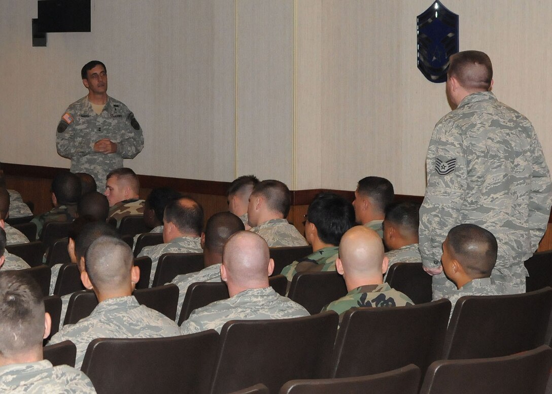 KADENA AIR BASE, Japan -- Maj. Gen.  Salvatore Cambria, the commander of Special Operations Command, Pacific, answers a question from a student at the Noncommissioned Officer Academy here May 13. The general briefed the Air Commandos of the 353rd Special Operations Group and the students at the academy on the mission and challenges his command faces in the region during his visit. (U.S. Air Force photo by Tech. Sgt. Aaron Cram)