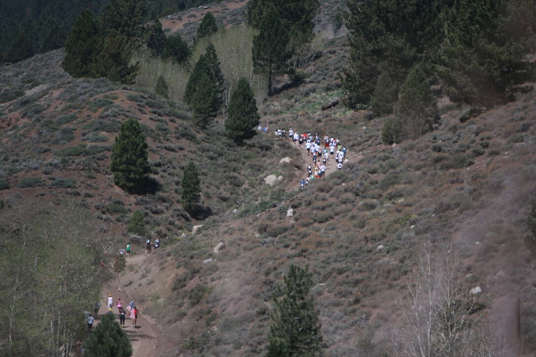 The pack of runners at the fifth annual Mountain Warrior Challenge, May 16 at the Mountain Warfare Training Center, Bridgeport, Calif., makes their way up Heart Attack Hill to begin the race.