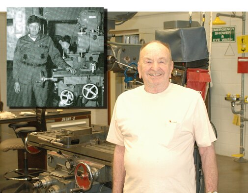 Master Sgt. (Ret.) John Smith, the first person to enlist in the Arizona Air National Guard in Tucson, reutrns to the maintenance backshops where he once worked as a structural repairman, May 13. Smith served at the 162nd Fighter Wing, first known as the 152nd Tactical Fighter Squadron, from the unit's first year in 1956 through his retirement in 1984. Smith, who still lives in Tucson, stoped by the base for a tour and to visit freinds.  (Inset) Master Sgt. John Smith circa 1980. (Air National Guard photos)