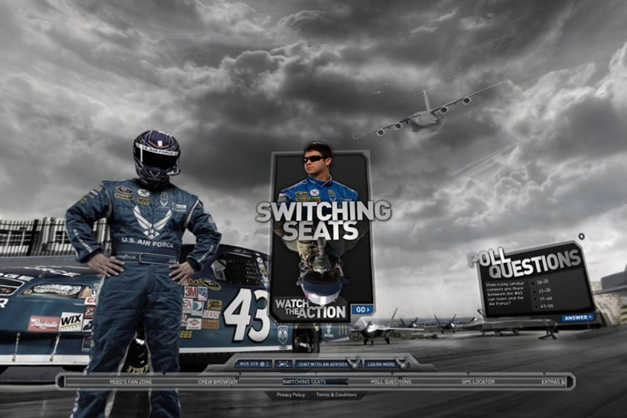 Air Force officials along with contract advertising agency GSD&M Idea City launched the multimedia marketing campaign "Switching Seats" March 23 in support of its NASCAR partnership. The campaign centers on the parallels between Air Force and NASCAR high-performance jobs, and focuses on No. 43 driver Reed Sorenson and crewmembers engaged in each others' jobs. (U.S. Air Force photo illustration) 