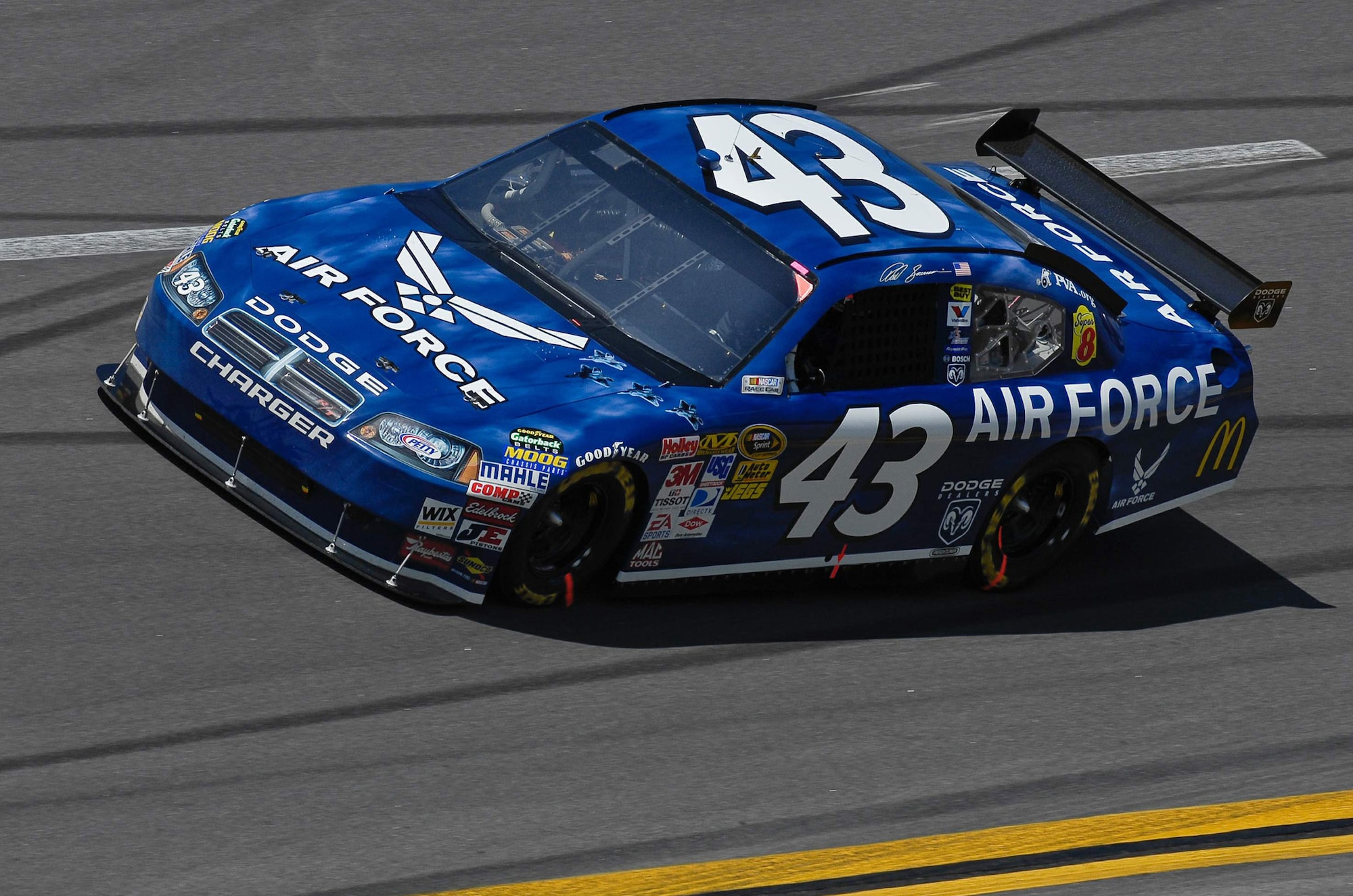 The No. 43 Air Force-sponsored NASCAR driven by Reed Sorenson makes its way around the track during the Aaron's 499 race April 26 at Talladega Superspeedway in Talladega, Ala. This was the first race for the No. 43 Richard Petty Motor Sports car featuring the Air Force primary paint scheme. The car started 41st but finished 11th in the race. (U.S. Air Force photo/Master Sgt. Scott Reed) 
