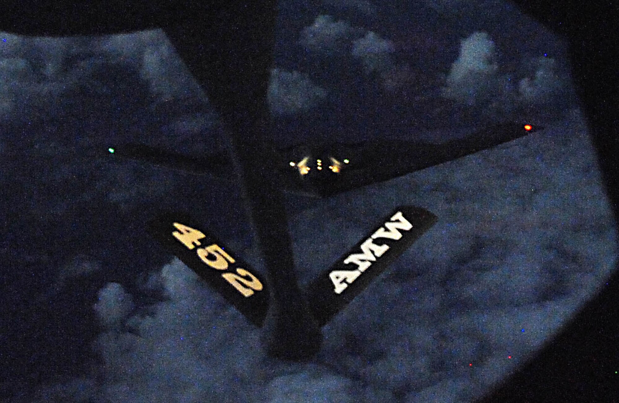 A B-2 Spirit approaches the boom of a deployed KC-135 Stratotanker from Air Force Reserve Command's 452nd Air Mobility Wing, March Air Reserve Base, Calif. Assigned to the 506th Expeditionary Air Refueling Squadron, the deployed KC-135 reservists supported two bombers during a 24-hour training mission flying more than 10,000 miles roundtrip.  (U.S. Air Force photo/Senior Airman Christopher Bush) 

