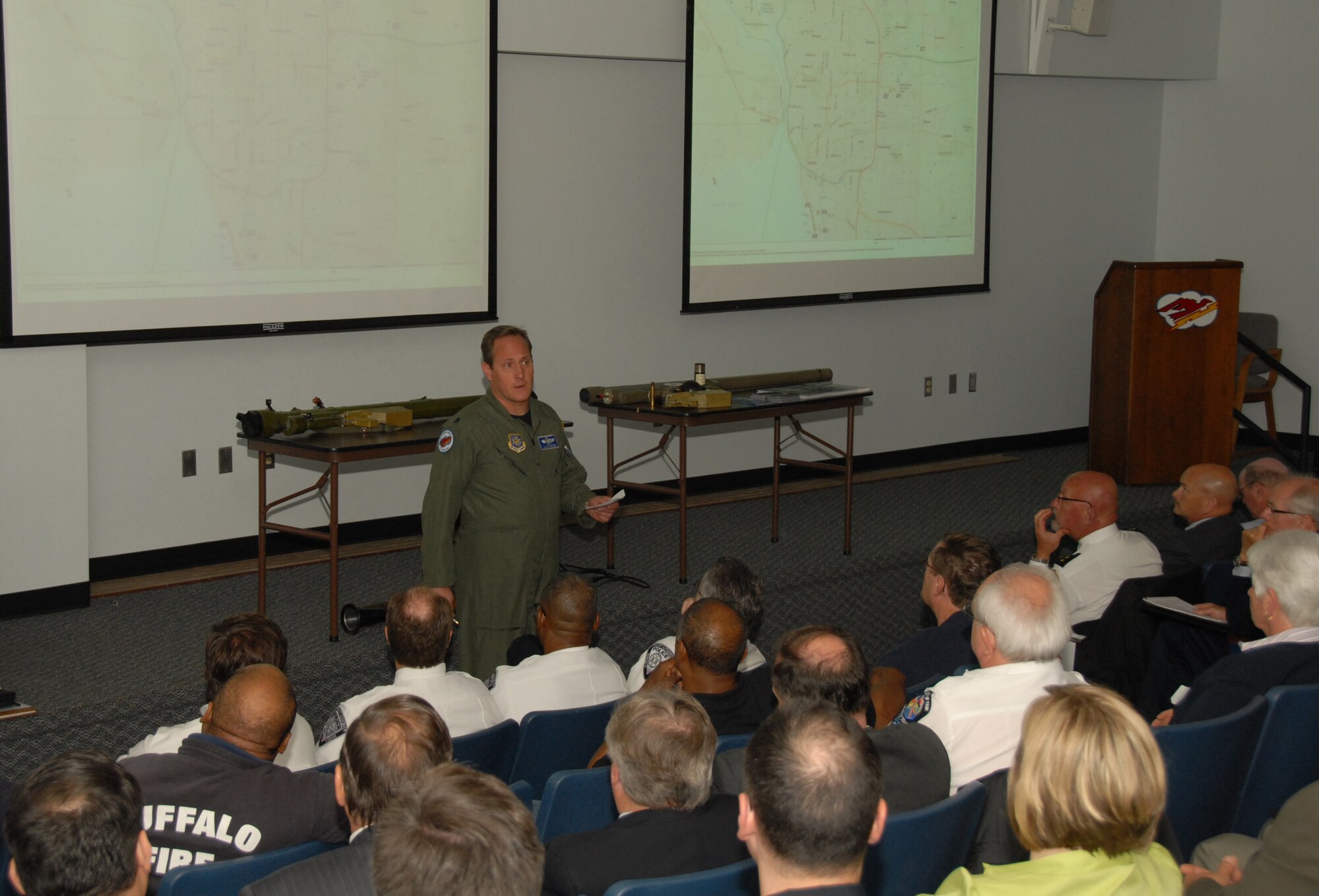 Lt. Col. Dave Durkee was one of numerous subject matter experts that addressed local law enforcement, TSA and emergency responders on arrival and departure routes. The 107th hosted a TSA sponsored MANPADS seminar here May 13. More than 120 participants filled the Ops briefing room to capacity. 