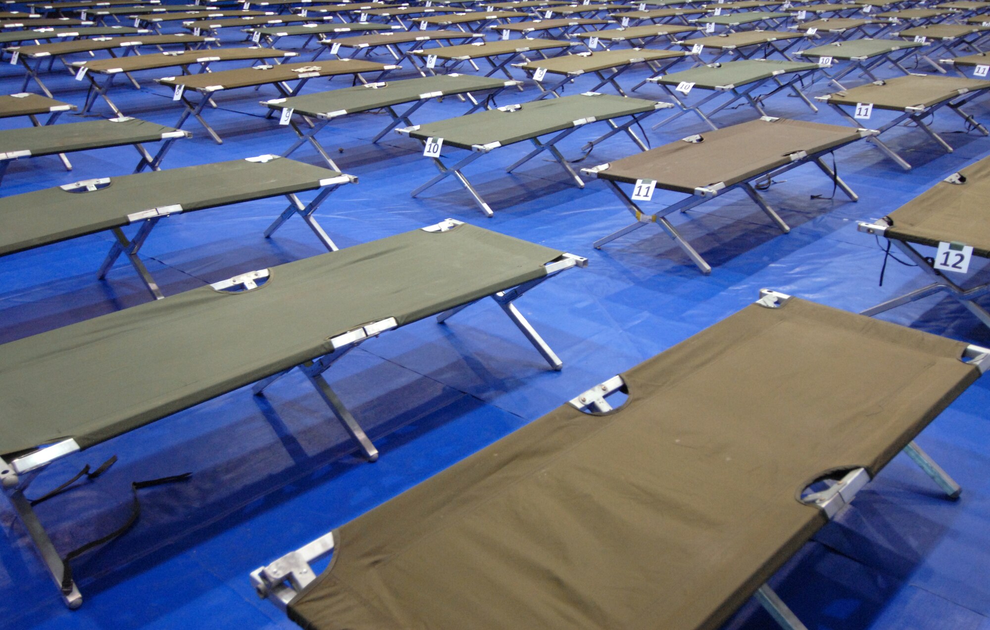 More than 160 cots were assembled for civilians in the base theater in support of the non-combatant evacuation operation Courageous Channel 09-01 at Kunsan Air Base, Republic of Korea, May 15. The cots were used in case the non-combatant evacuees have to stay overnight before departing the base. The NEO exercise tests the 8th Fighter Wing's, along with the rest of U.S. Forces in Korea’s, capabilities to evacuate non-combatants from the country. (U.S. Air Force Photo/Senior Airman Gustavo Gonzalez)