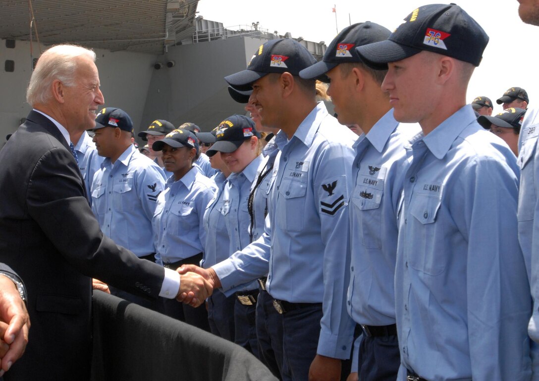 Vice
President Joe Biden shakes hands on the pier with sailors from Nitmitz-class
aircraft carrier USS Ronald Reagan. The
vice president and his wife, Dr. Jill Biden, visited Ronald Reagan during a
familiarization tour of naval facilities in the San Diego area. Reagan is
preparing for its upcoming deployment to the Western Pacific and Indian
Ocean later this spring. U.S. Navy photo by 
Seaman Apprentice Amanda L. Ray

