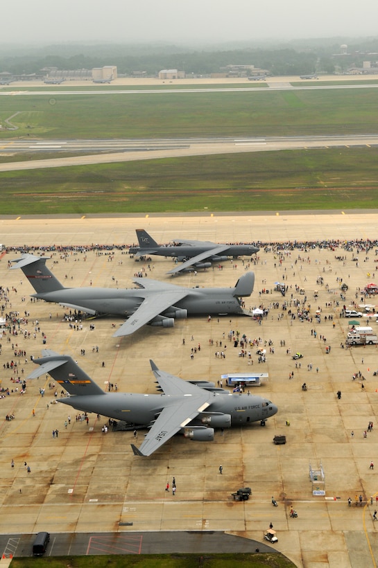 An aerial view of the crowd and static displays on the flightline during the Joint Service Open House May 16 at Andrews Air Force Base, Md. The three-day air show offered local community members a closer look at the advanced capabilities of the military services. (U.S. Air Force photo by Senior Airman Marleah Miller)