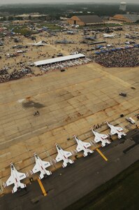 An aerial view of the U.S. Air Force Thunderbirds parked on the flightline during the Joint Service Open House May 16 at Andrews Air Force Base, Md. The three-day air show offered local community members a closer look at the advanced capabilities of the military services. (U.S. Air Force photo by Senior Airman Marleah Miller)