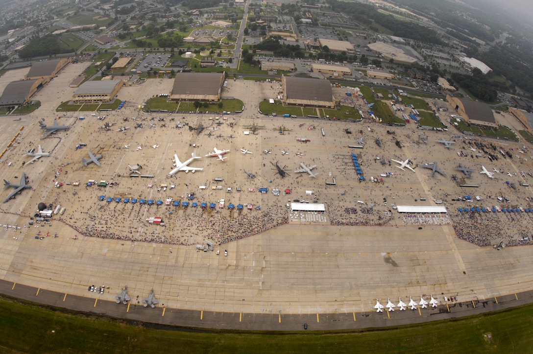 An aerial view of the crowds and displays on the flightline during Joint Service Open House May 16 at Andrews Air Force Base, Md. The three-day air show offers local community members a closer look at the advanced capabilities of the military services. (U.S. Air Force photo by Senior Airman Marleah Miller)