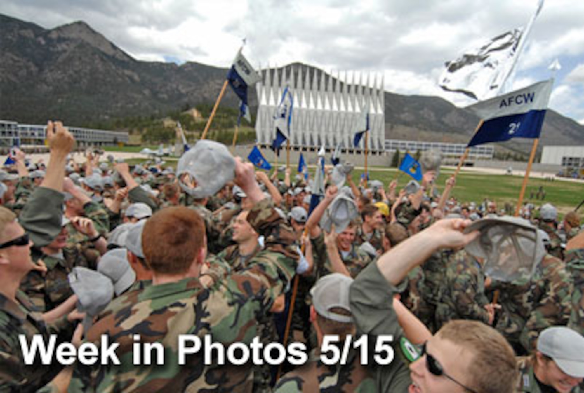 Air Force Week in Photos for May 15, 2009 highlight photos from around the Air Force.  In this photo by Dennis Rogers, Air Force Academy seniors celebrate the last day of classes before final exams on Spirit Hill at the U.S. Air Force Academy in Colorado. (U.S. Air Force illustration/Mike Carabajal)