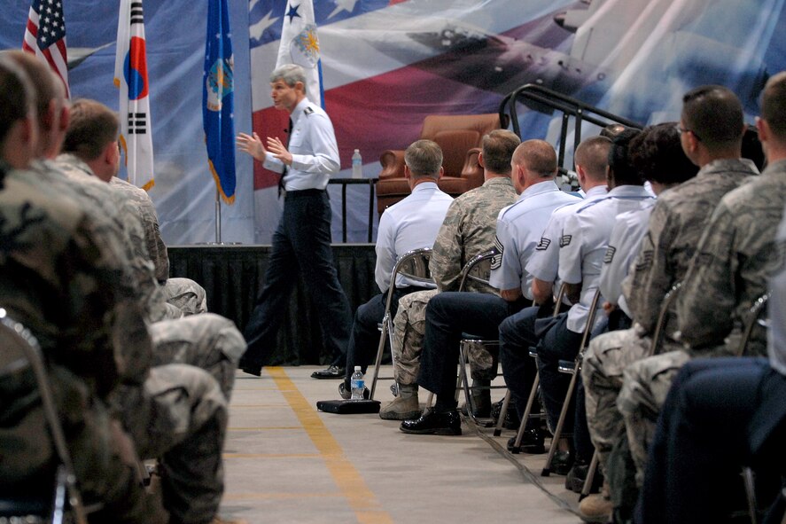 Air Force Chief of Staff of the Gen. Norton A. Schwartz talks with Airmen during an Airman's Call at Osan Air Base, Republic of Korea, May 11. The CSAF was here as part of his Pacific Air Force tour, visiting and talking to the Airmen. (U.S. Air Force photo/Staff Sgt. Brian Ferguson)