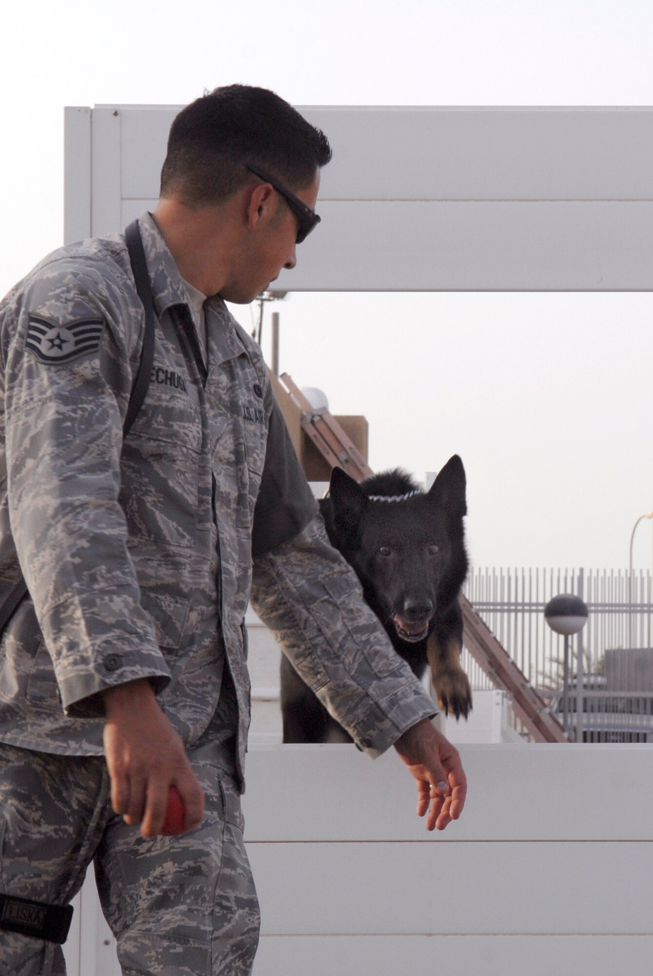 Staff Sgt. German Lechuga, a379th Expeditionary Security Forces Squadron (ESFS) K-9 handler, runs Liska, a 379th ESFS K-9, through the obedience course, May 13, 2009, at an undisclosed location in Southwest Asia. The K-9 dog handlers train with their dogs daily, ensuring the confidence and safety in their working relationship.  Sergeant Lechuga hails from Hesperia, Calif. and is deployed with Liska from Hill Air Force Base, Utah, in support of Operations Iraqi and Enduring Freedom and Combined Joint Task Force - Horn of Africa.  (U.S. Air Force photo/Senior Airman Andrew Satran/released)