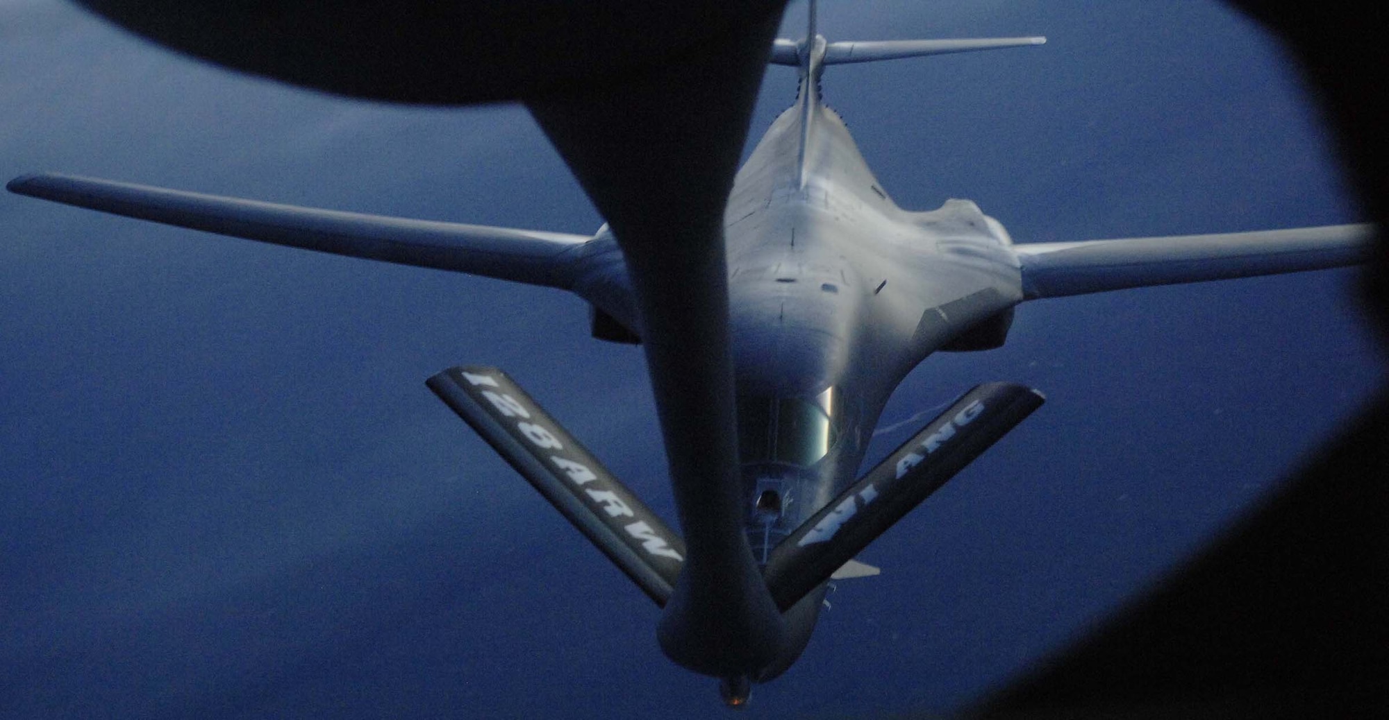 A B-1B Lancer assigned to the 34th Bomb Squadron approached the fuel boom of a KC-135R Stratotanker during a training sortie over South Dakota, May 12. The KC-135 was piloted by members of the Wisconsin Air National Guard's 128th Air Refueling Wing.  The team was here for ten days to enable Ellsworth's 24-hour surge operations. (U.S. Air Force photo/Airman 1st Class Abigail Klein)