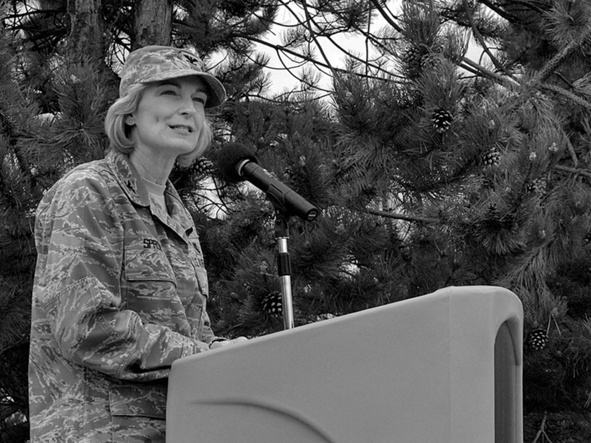 Col. Anne Sproul, 92nd Medical Group commander, speaks to a crowd of Airmen and government contractors about upcoming construction of a new aerospace physiology building here May 6. The construction is expected to be finished by June 2010. (U.S. Air Force photo / Senior Airman Joshua K. Chapman)