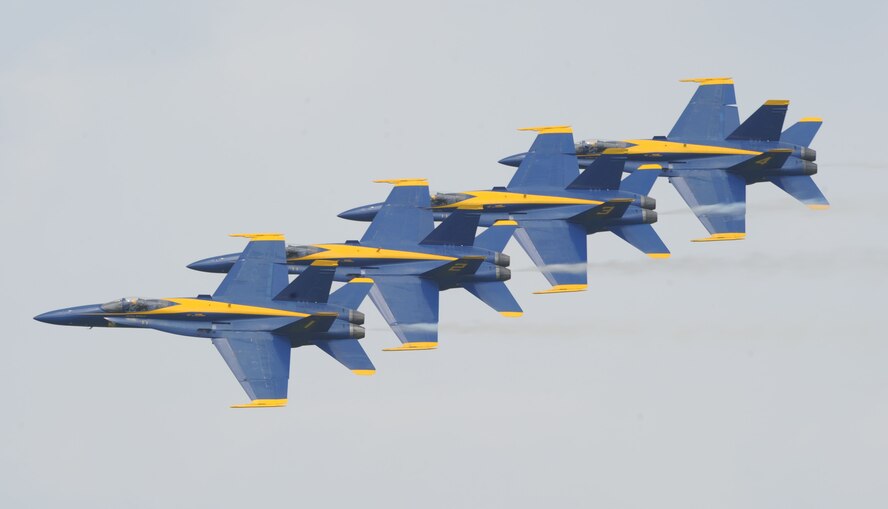 The Navy Flight Demonstration Squadron Blue Angels take off for their first performance of the 2009 Defenders of Liberty Air Show. This is the second consecutive year the Blue Angels perfomed at Barksdale. (United States Air Force photo Senior Airman Alexandra Sandoval) (RELEASED)