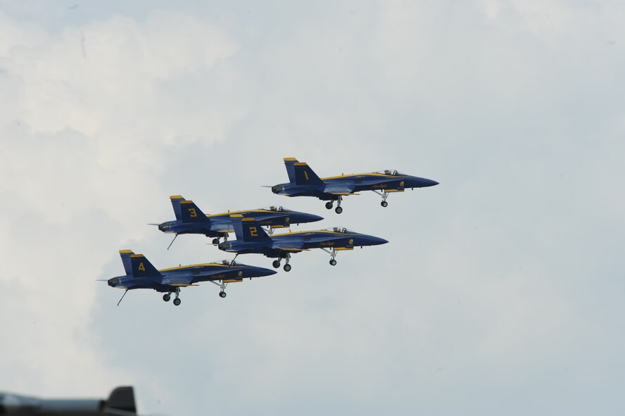 The Navy Flight Demonstration Squadron Blue Angels take off for their first performance of the 2009 Defenders of Liberty Air Show. This is the second consecutive year the Blue Angels perfomed at Barksdale. (United States Air Force photo Senior Airman Alexandra Sandoval) (RELEASED)