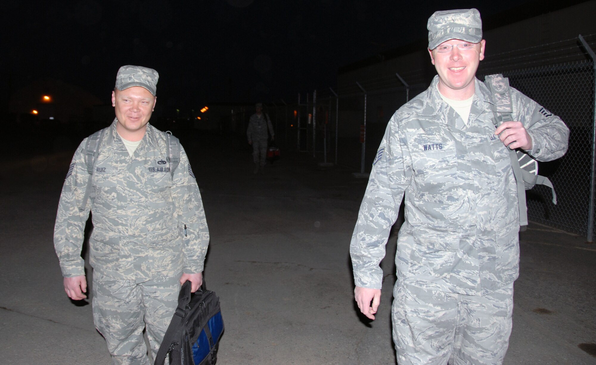 ELMENDORF AIR FORCE BASE, Alaska – Tech. Sgt. Joseph Ruiz and Staff Sgt. Ty Watts, crew chiefs with the 525th Aircraft Maintenance Unit, departed May 9 for Andersen Air Force Base, Guam. The sergeants, who have known each other for more than 13 years, are supporting the U.S. Pacific Command’s Theater Security Packages. Tech. Sgt. Burke Stott and Staff Sgt. Roberto Gil, avionics specialists with the 477th Aircraft Maintenance Squadron, also departed for Andersen AB, along with several Airmen from the 3rd Wing. All four Airmen are Reserve personnel with Air Force Reserve Command’s 477th Fighter Group. (U.S. Air Force photo/Staff Sgt. Andrea Knudson)
