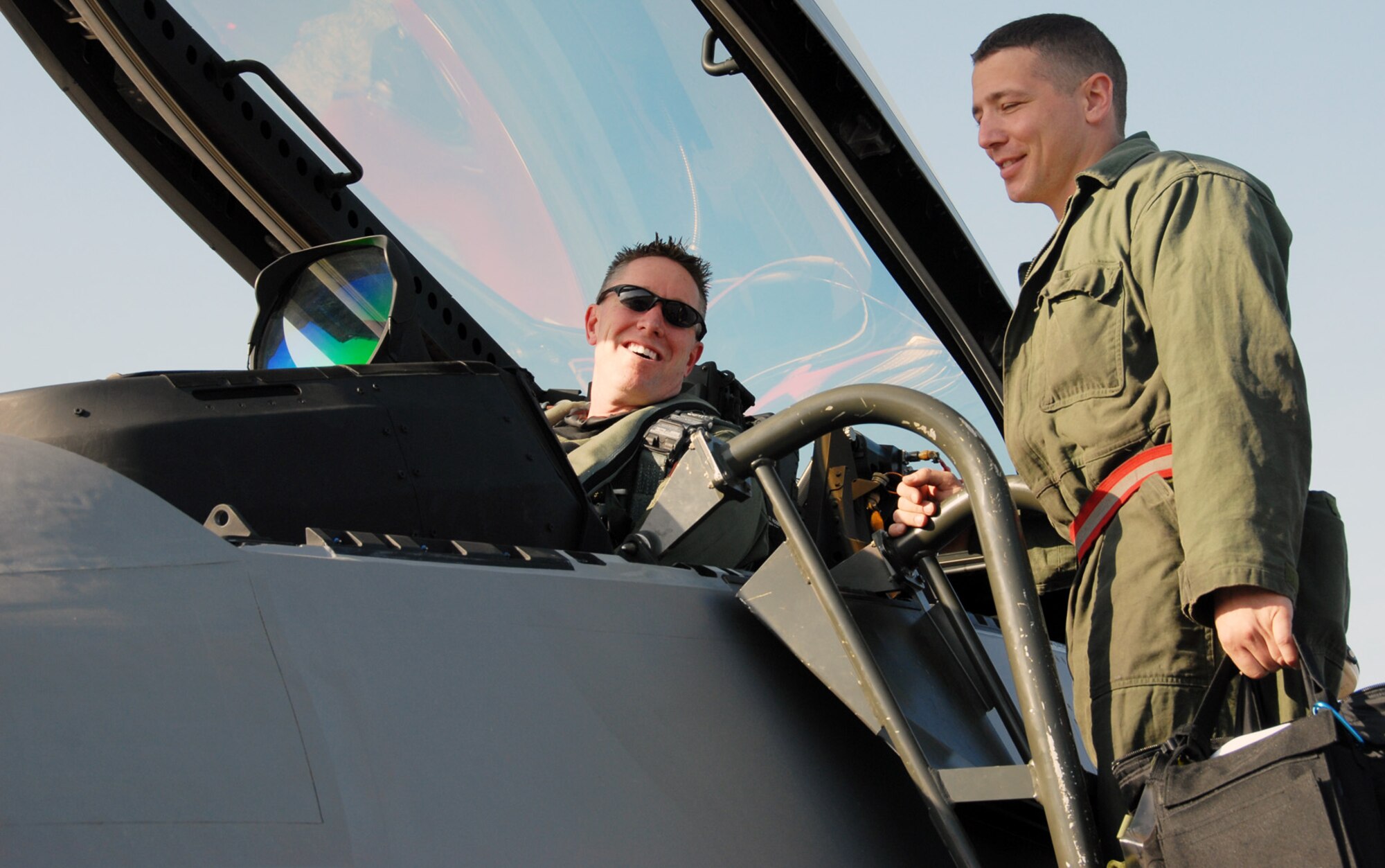 ELMENDORF AIR FORCE BASE, Alaska – Ensuring he and his aircraft are prepared and ready to go, Staff Sgt. Nathan Summers, 3rd Aircraft Maintenance Squadron crew chief, assists Reserve fighter pilot Maj. Brett “Stitch” Paola, 302nd Fighter Squadron, before he departs for his deployment to Andersen Air Force Base, Guam, May 12. Major Paola is assigned to Air Force Reserve Command’s 477th Fighter Group and joins several Reserve Airmen currently deployed to the Pacific region. The Air Force regularly deploys additional forces throughout the Western Pacific as part of its continuing force posture adjustments to address worldwide requirements. (U.S. Air Force photo/Staff Sgt. Andrea Knudson)