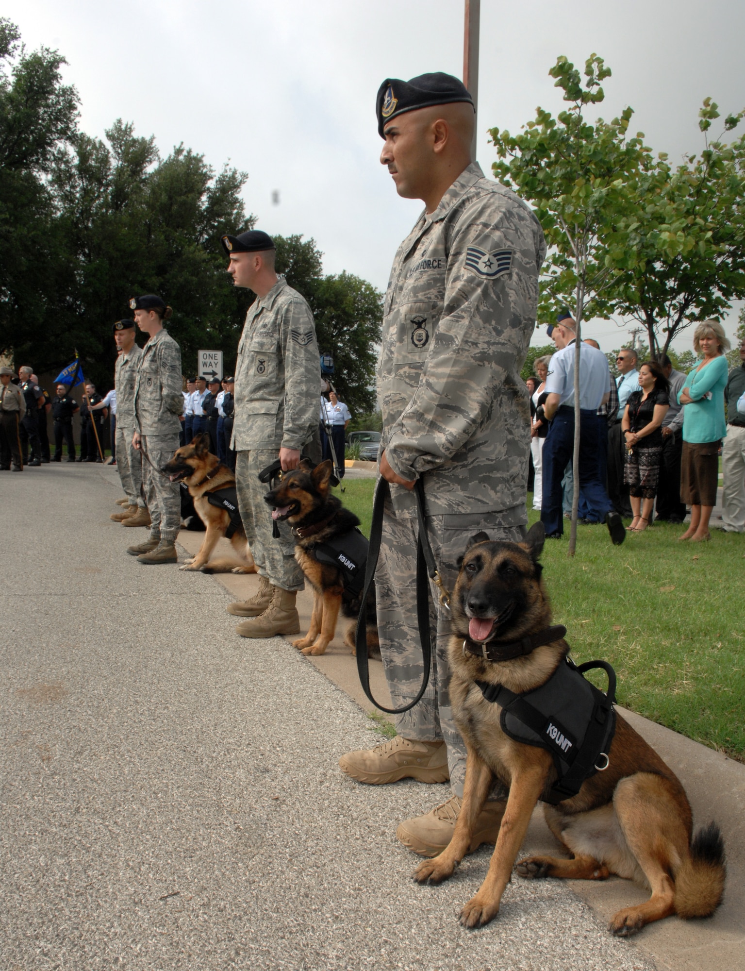 K-9 handlers from the 17th Security Forces Squadron stand to honor their fallen comrades during the flag-raising ceremony May 11 for National Police Week. Police Week, as well as National Peace Officers’ Memorial Day, May 15, honor those officers who have fallen in the line of duty. In front is Staff Sgt. Ronnie Garcia and his military working dog, Rocky, who was named Top Dog in the K-9 Competition. (U.S. Air Force photo by Tech. Sgt. John Barton)