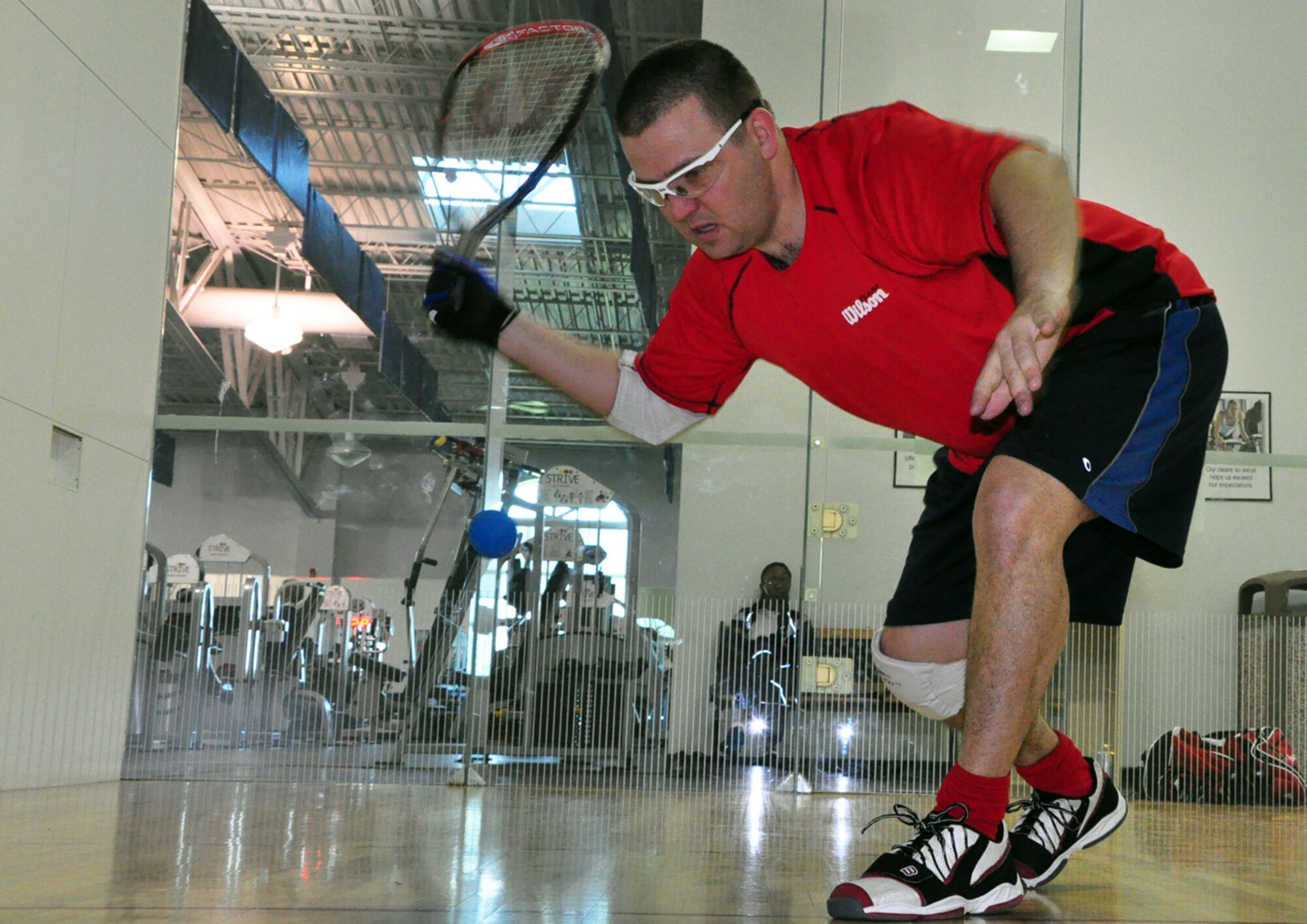 Sergeant Suendermann warms up before the base racquetball tournament. He will be representing the Air Force in a national singles racquetball tournament May 19 to May 25 in Houston.