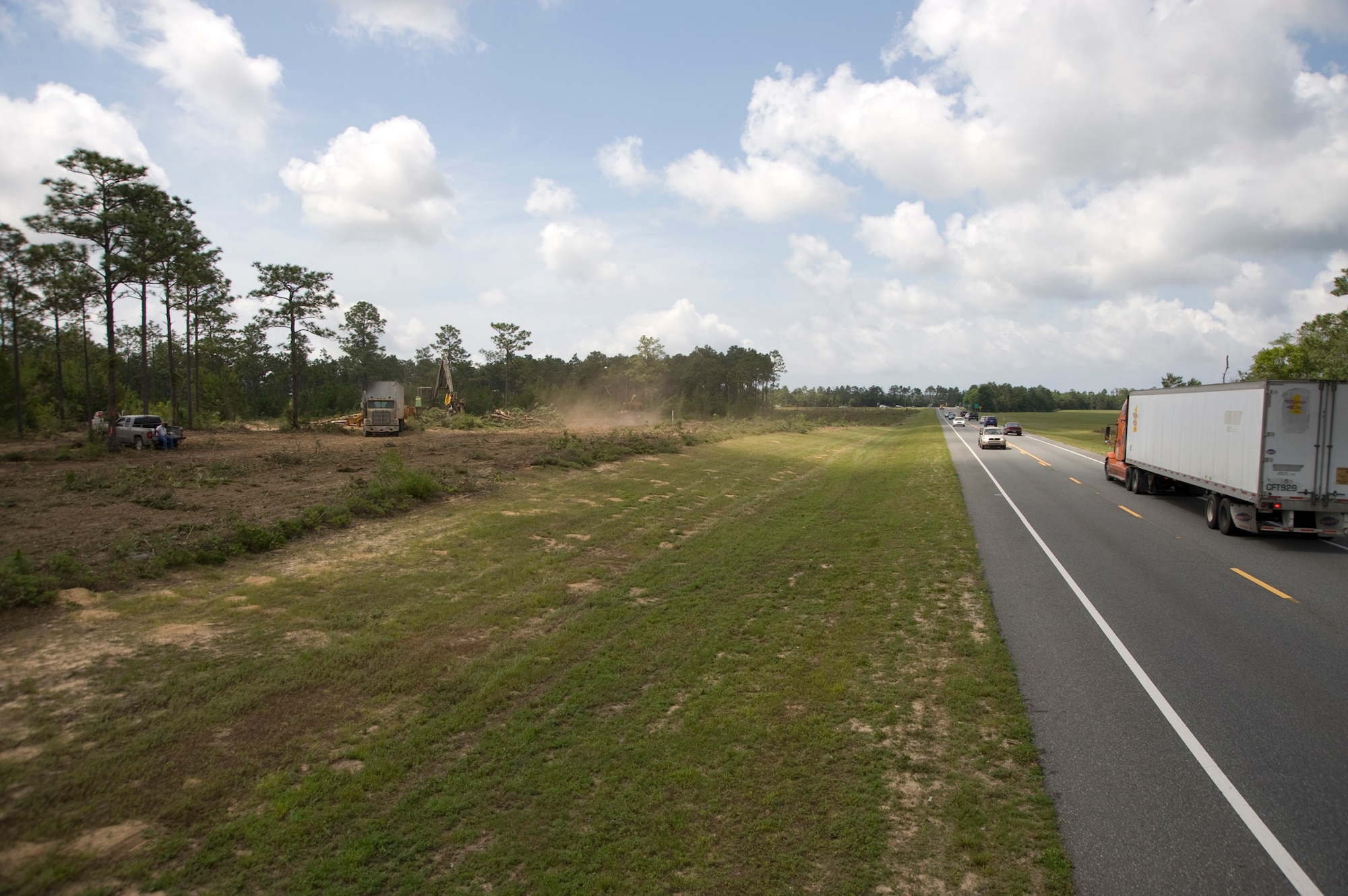 Jackson Guard’s forestry section is clearing approximately 30 acres of trees around the Hwy 123/SR 85 interchange near the Northwest Florida Regional Airport to make room for the construction of a flyover. Eglin granted an easement to the Florida Department of Transportation to upgrade the interchange as part of the President’s federal stimulus program.  Team Eglin members from the 96th Civil Engineer Group worked closely with state representatives to get the easement through the arduous out grant process in time to meet stimulus program deadlines.  Construction is expected to begin this summer.  (U.S. Air Force photo/Greg Murray.)