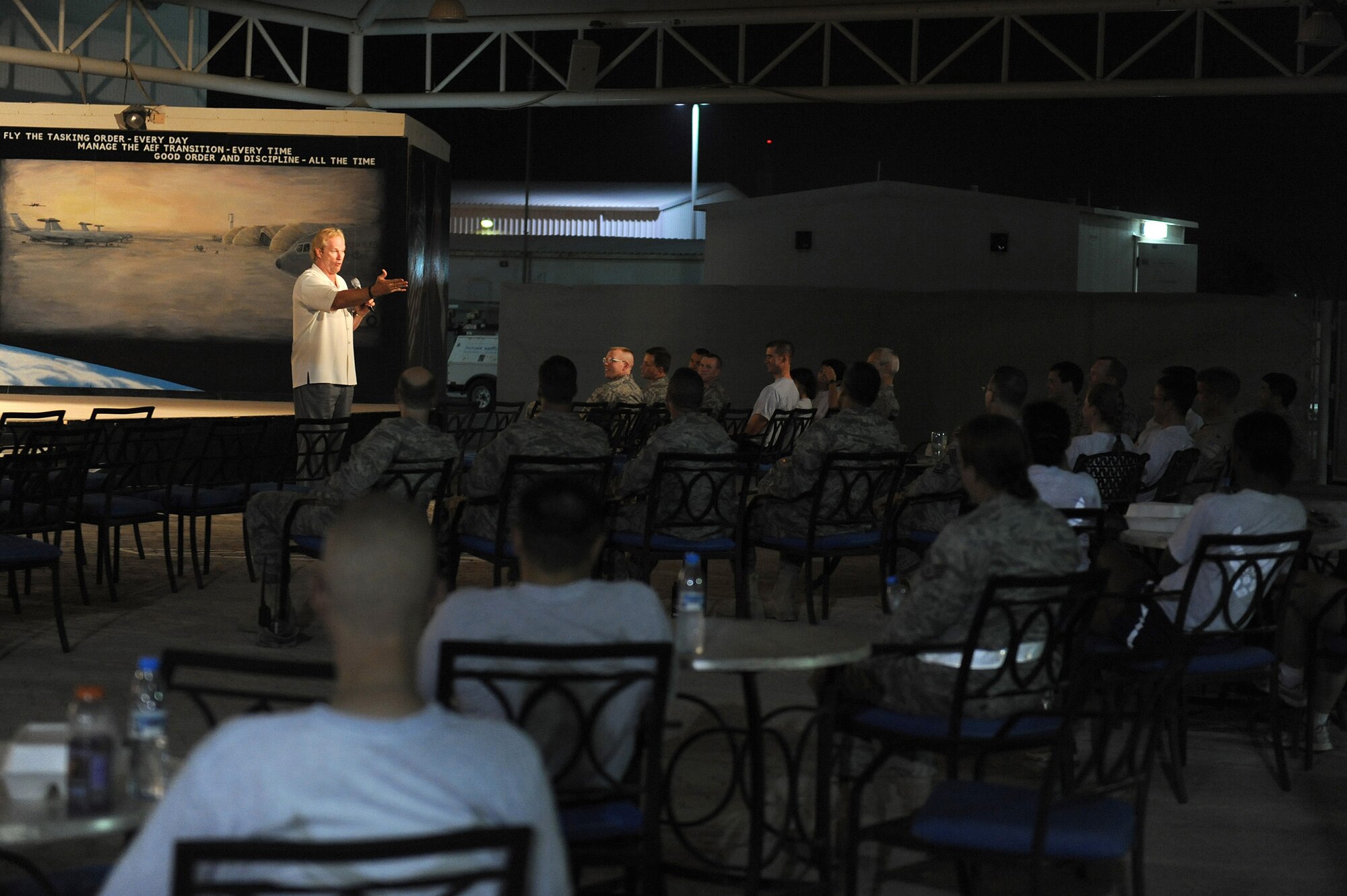 SOUTHWEST ASIA - Mr. Dan Clark, inspirational speaker and author, speaks to Airmen from the 380th Air Expeditionary Wing, May 11 at an undisclosed location in Southwest Asia. During Mr. Clark's speech, he tried to encourage Airmen to do their best and work hard in all aspects of life and take the hard work done here home with them. (U.S. Air Force photo by Senior Airman Brian J. Ellis) (Released)