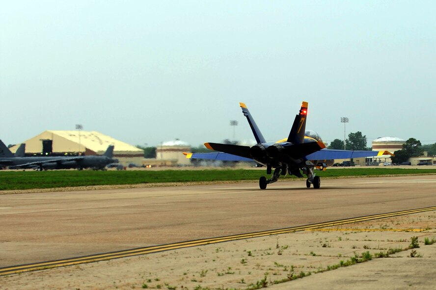 U.S. Navy Lt. Ben Walborn, Blue Angels pilot, lands here May 6 to kick off the 2009 Defenders of Liberty Air show. Lieutenant Walborn joined the Blue Angels in September 2008. He has accumulated more than 1,400 hours and 346 aircraft carrier landings. (U.S. photo by Airman 1st Class Brittany Y. Bateman)(RELEASED)