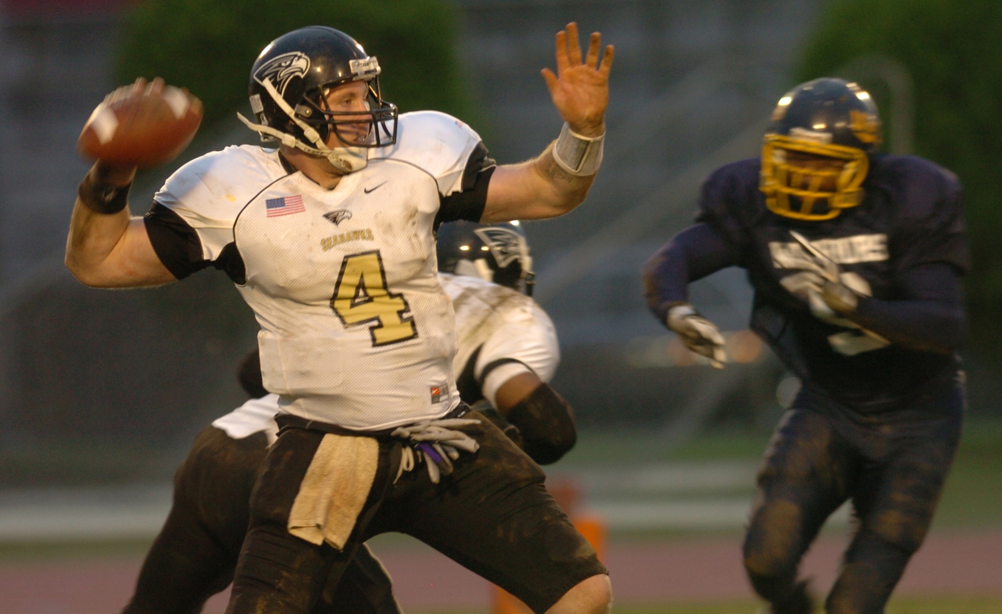 YOKOTA AIR BASE, Japan -- Yokosuka Seahawks' quarterback Bob Docherty passed for 210 yards and three touchdowns May 16 in Yokosuka's 28-25 victory over the Yokota Warriors in U.S. Forces Japan-American Football League action at Yokota's Bonk Field. The Warriors committed two turnovers in the final five minutes of the game to allow Yokosuka to rally for the win. Yokota's next home game is 6 p.m. May 22 vs. Torii Station from Okinawa. (U.S. Air Force photo/Master Sgt. Matt Summers)
